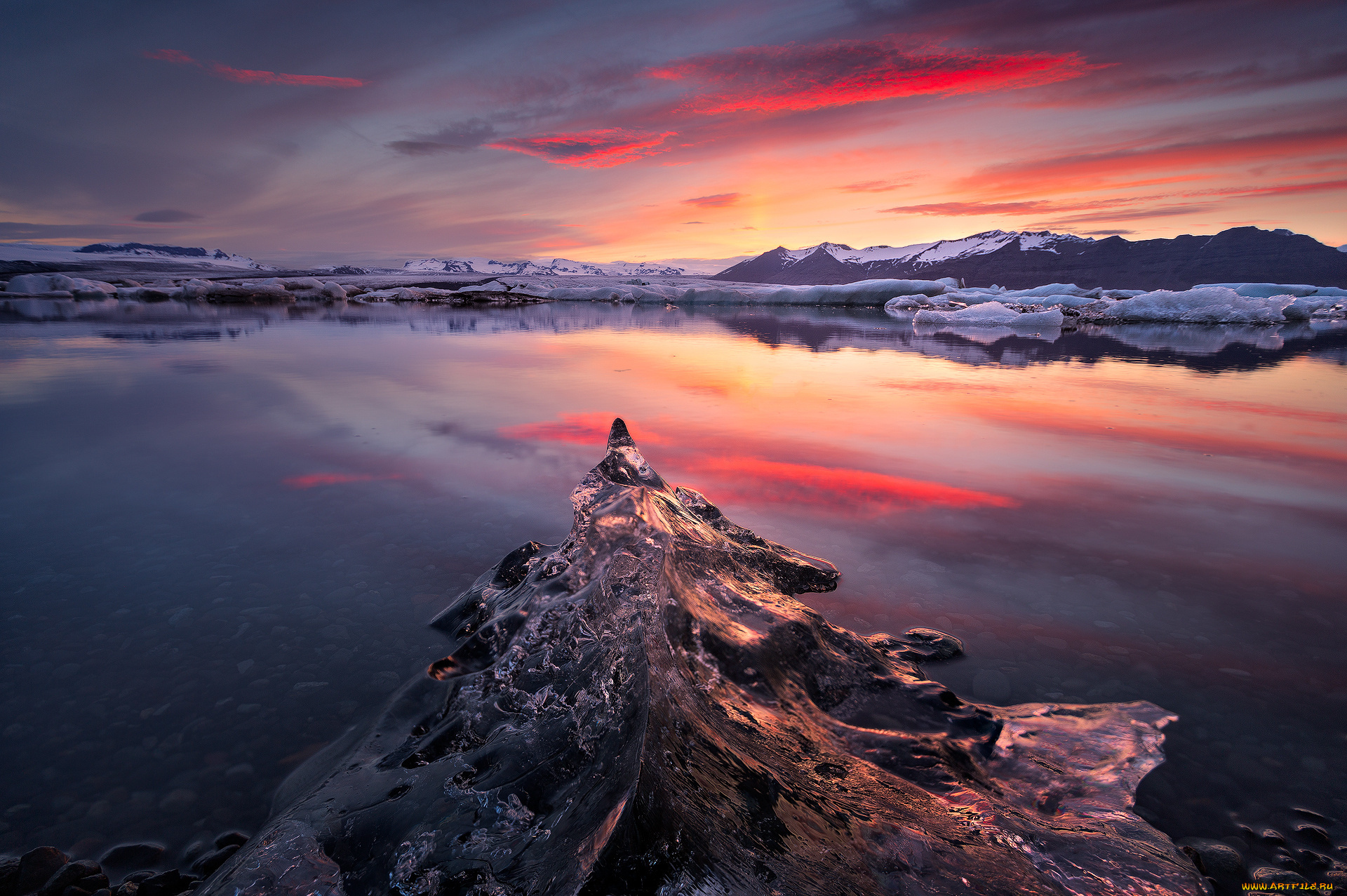 природа, айсберги, и, ледники, небо, горы, озеро, лед, рассвет