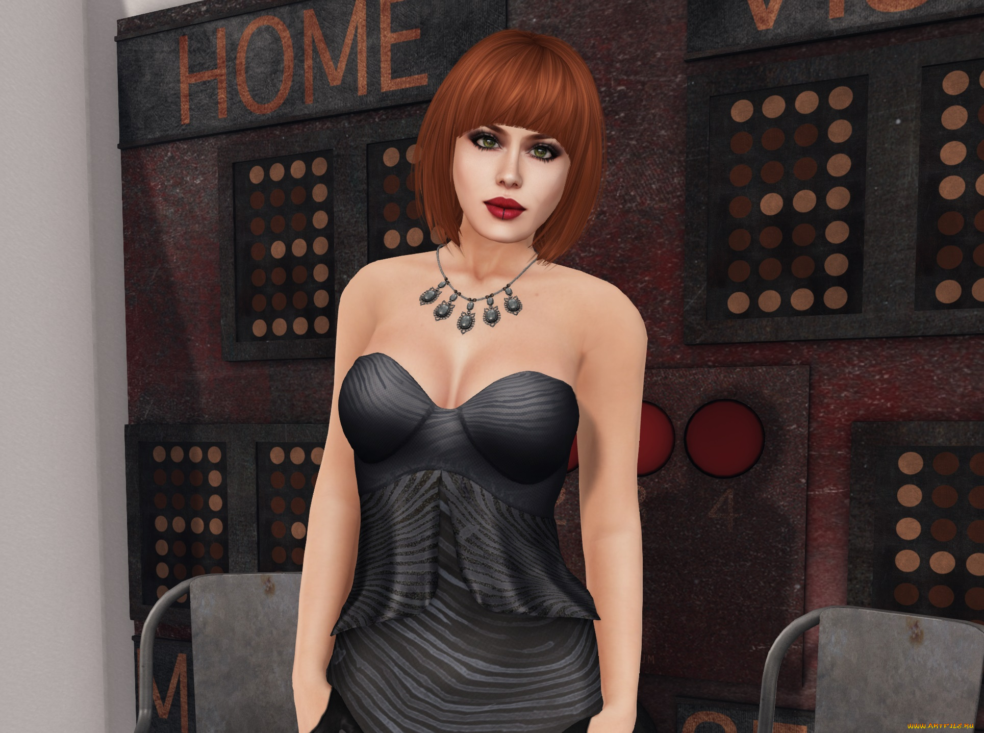 3д, графика, люди, , people, девушка, взгляд, фон, рыжая, интерьер