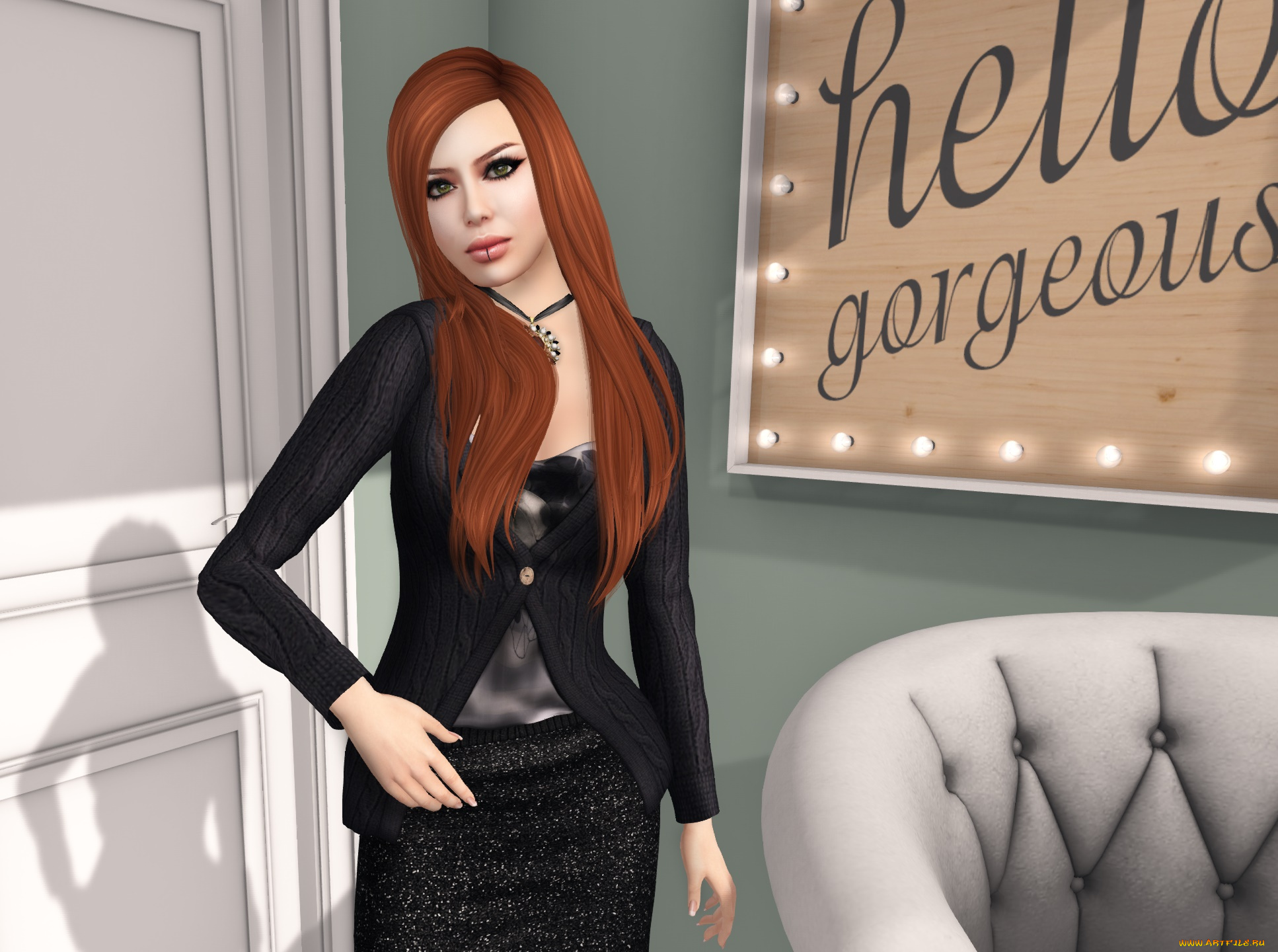 3д, графика, люди, , people, девушка, взгляд, фон, рыжая, интерьер