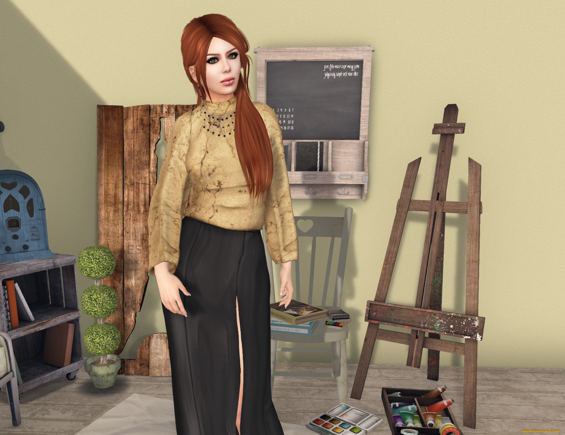 3д, графика, люди, , people, девушка, взгляд, фон, рыжая, интерьер