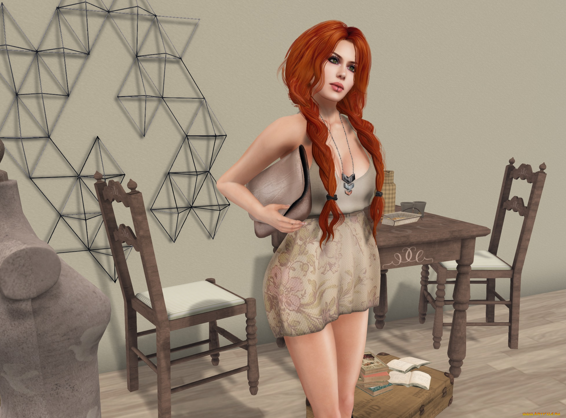 3д, графика, люди, , people, девушка, взгляд, фон, рыжая, интерьер