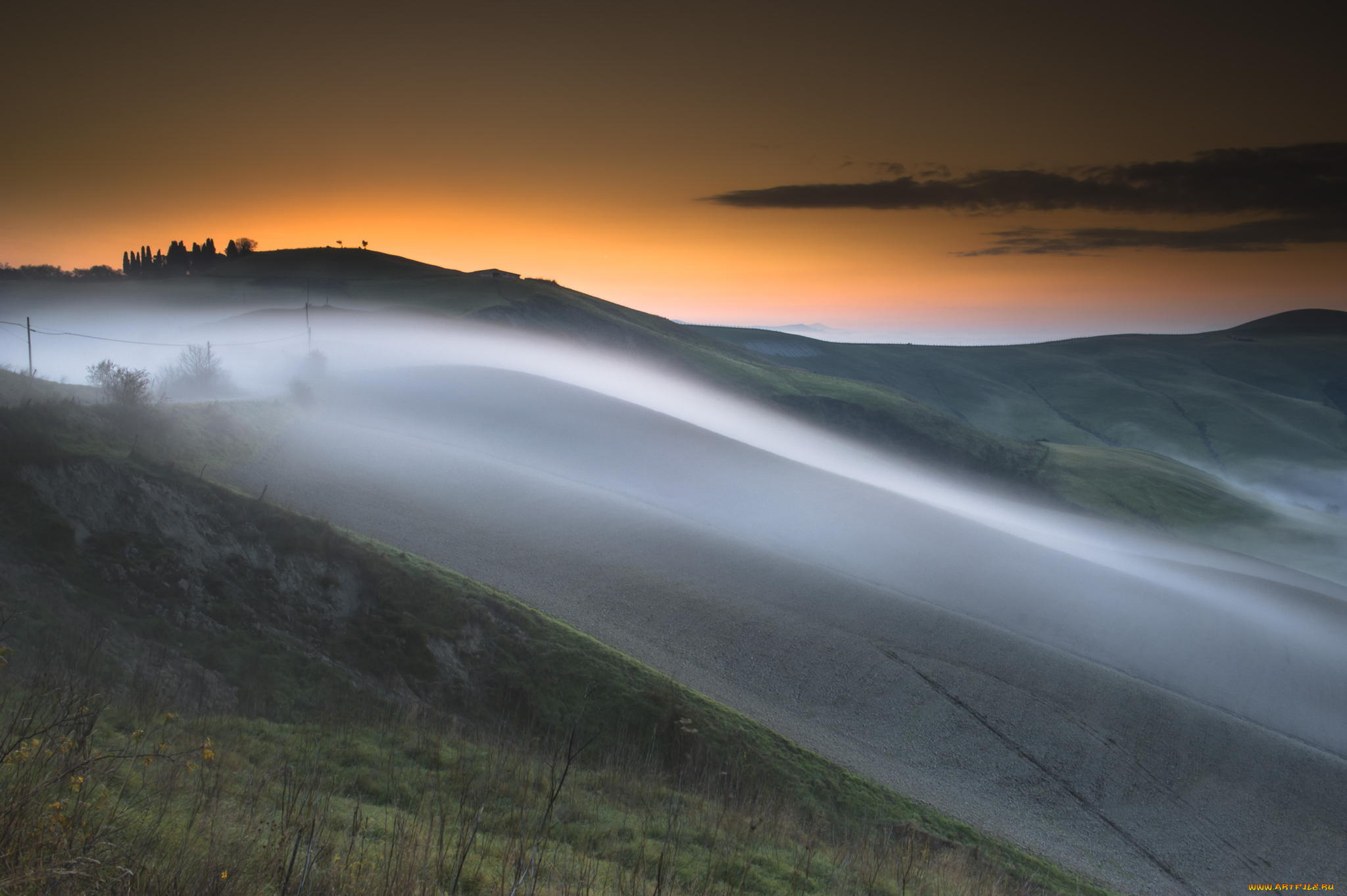 природа, пейзажи, дымка, пейзаж, холм, закат, туман