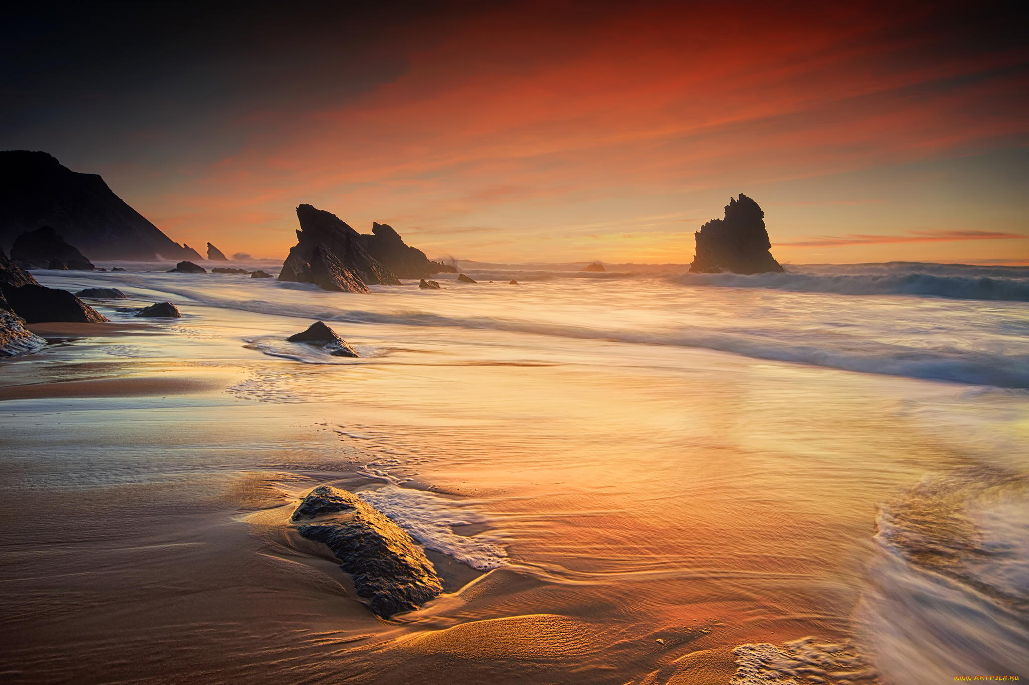 природа, побережье, волны, песок, скалы, пляж, океан, пейзаж