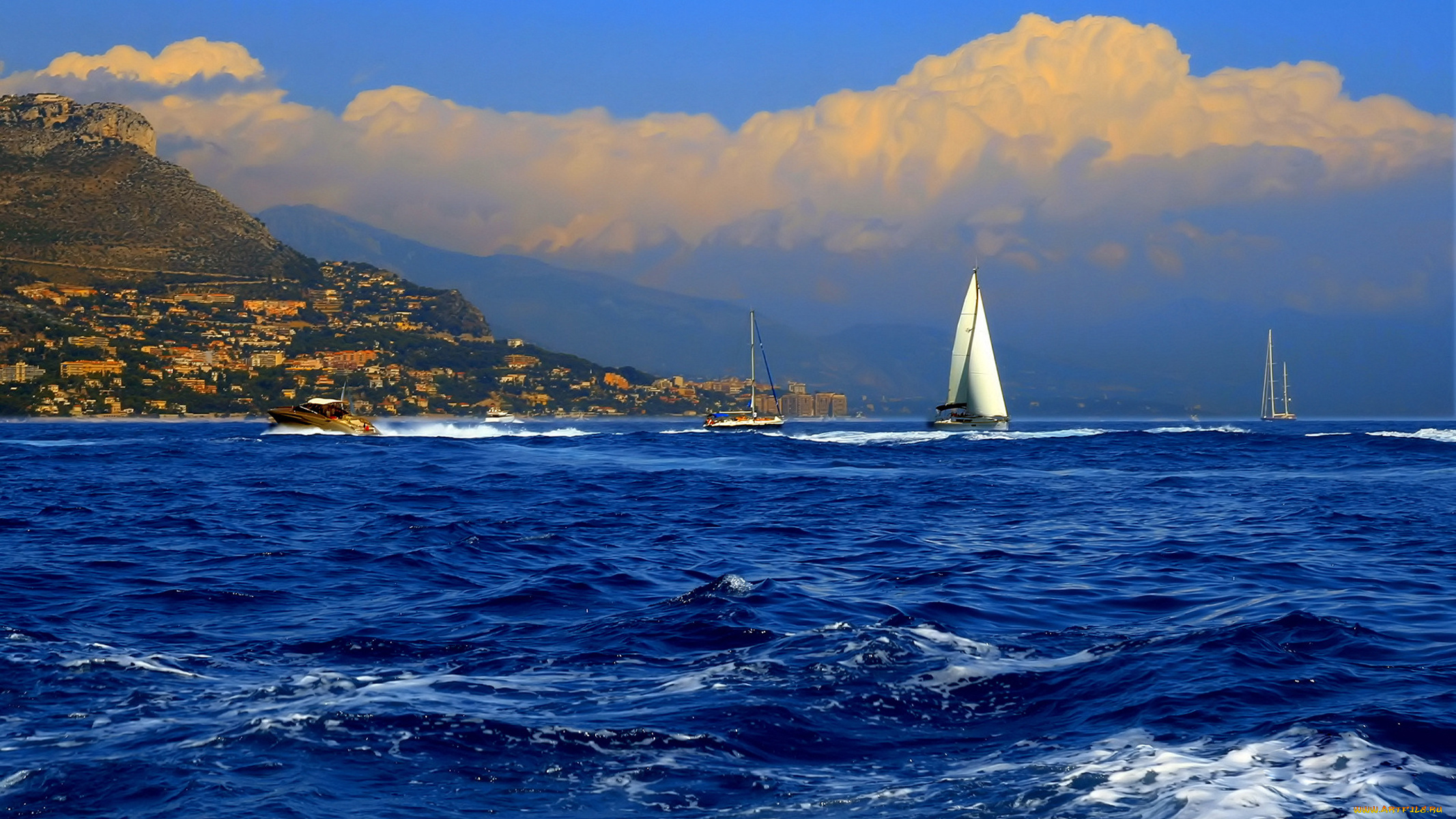 корабли, разные, вместе, яхты, лодки, горы, море, катера, парусники, вода