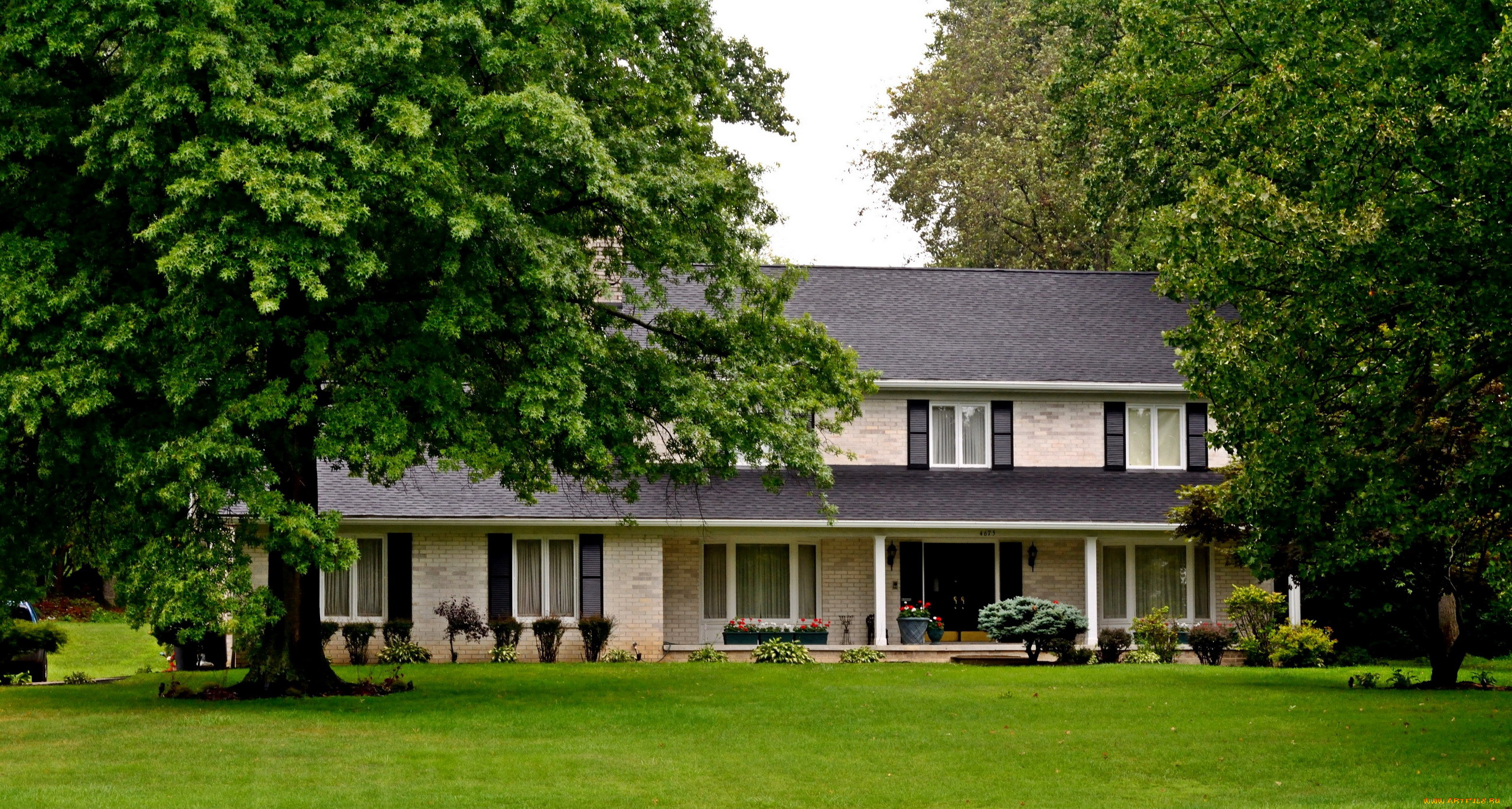 города, -, здания, , дома, лужайка, кусты, деревья