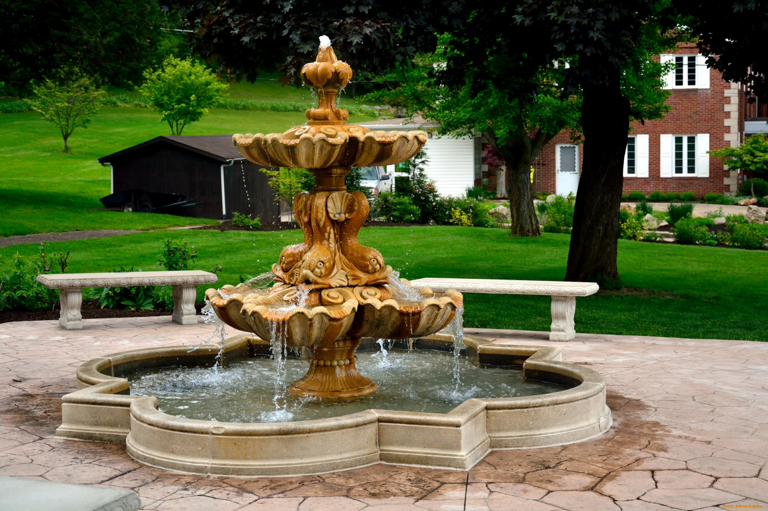 города, -, фонтаны, скамейки, вода, деревья