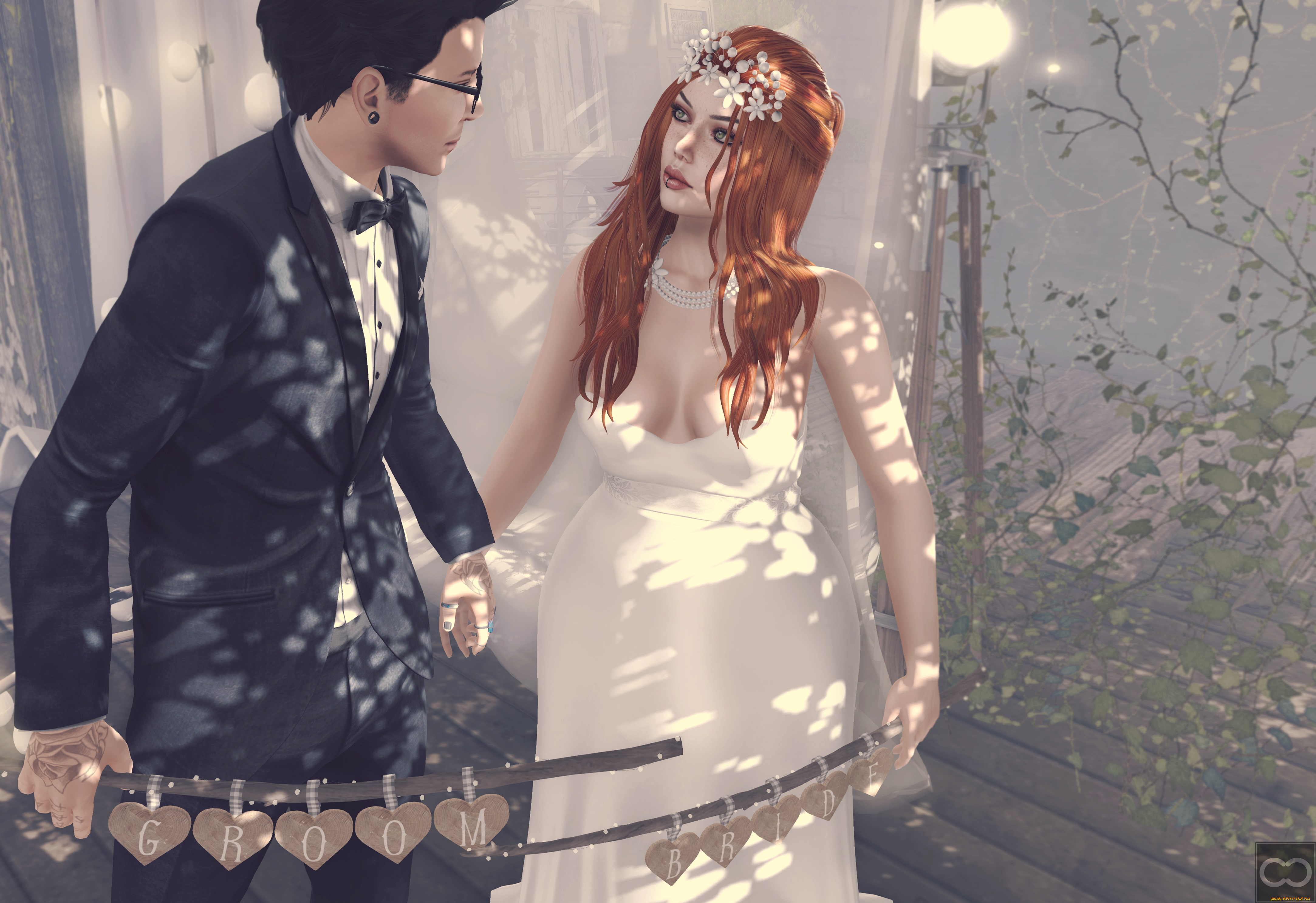 3д, графика, люди, , people, девушка, парень, фон, взгляд, рыжая