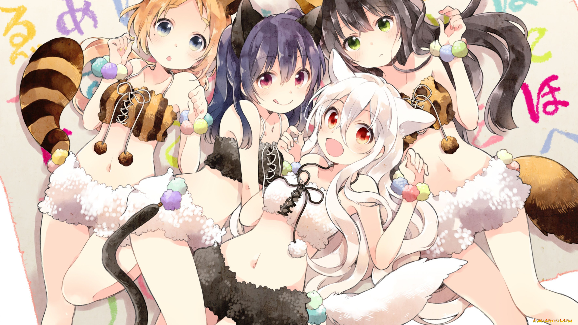 аниме, urara, meirochou, уши, хвосты, костюмы, девочки