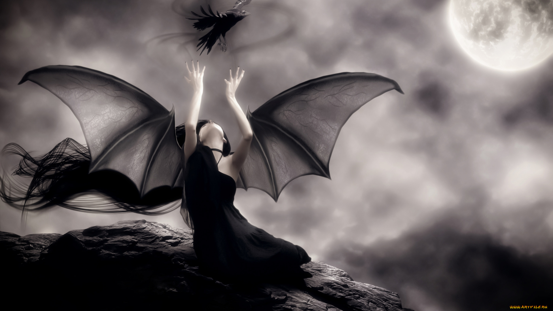 фэнтези, демоны, крылья, фон, ворон, девушка