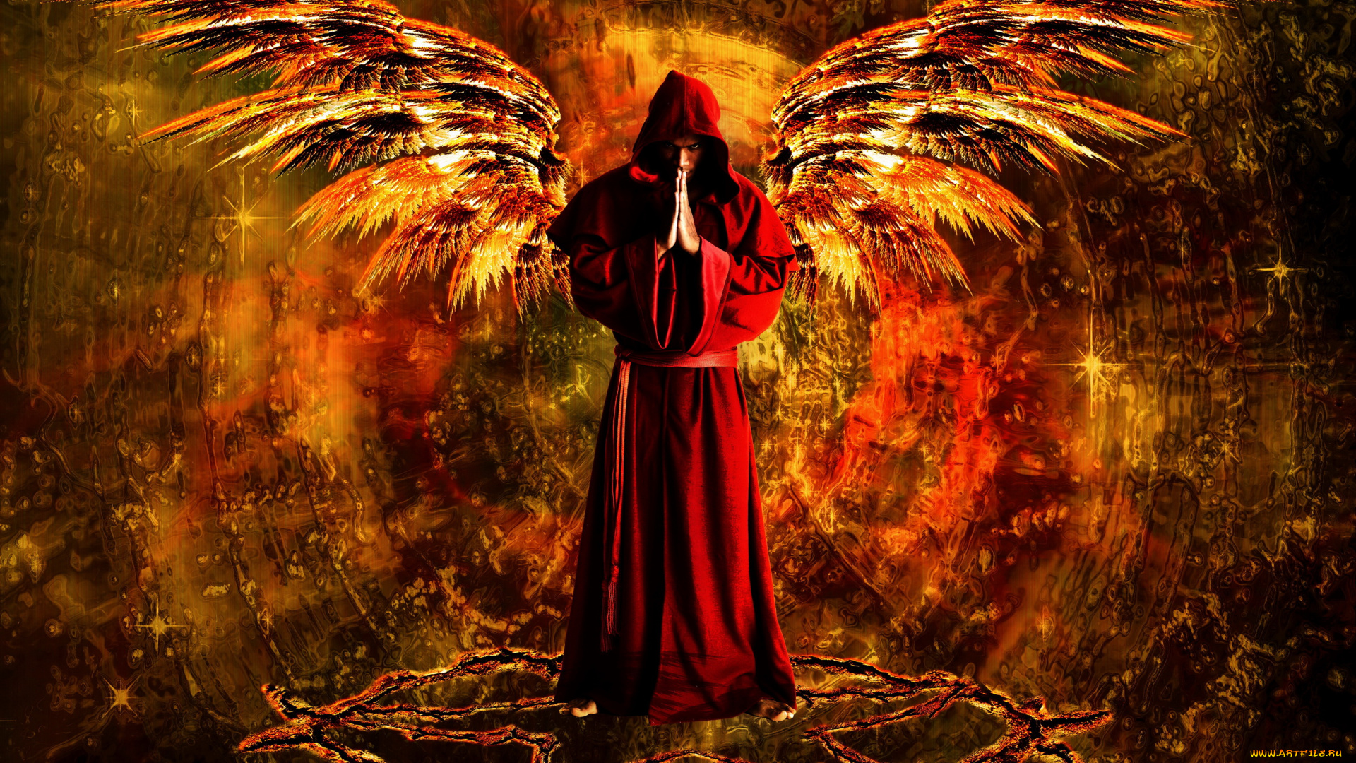 фэнтези, фотоарт, монах, капюшон, крылья, мужчина, фон