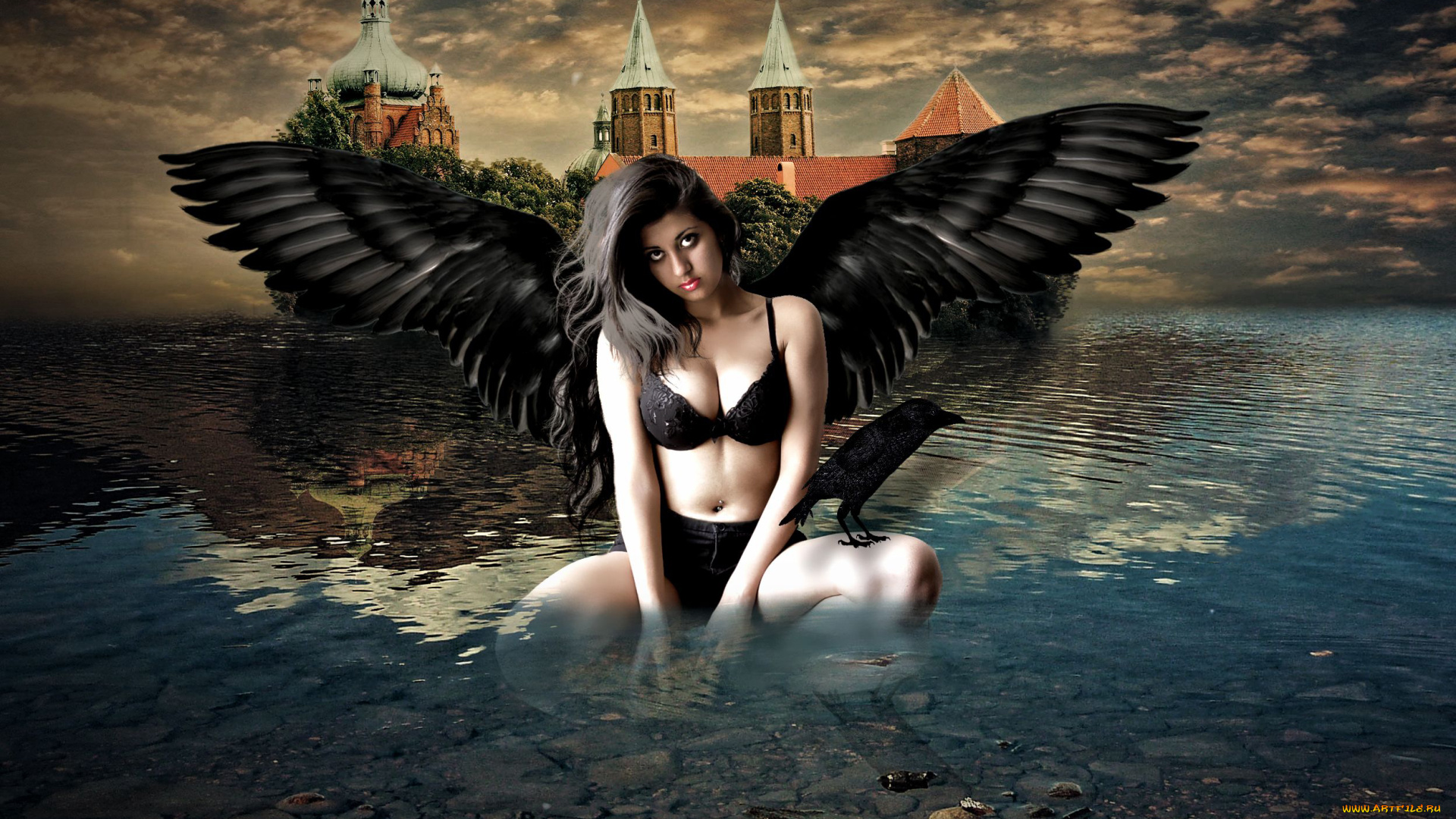 фэнтези, фотоарт, ворон, девушка, крылья, замок, взгляд, вода, фон