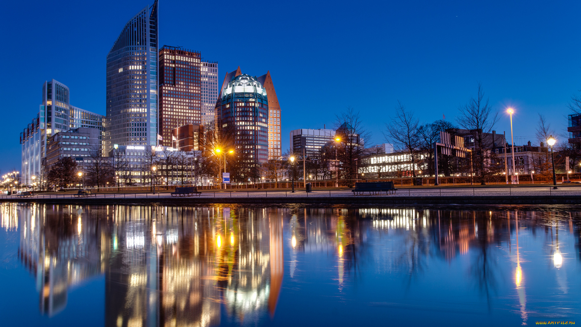 города, -, огни, ночного, города, ночной, город, гаага, отражается, в, воде, нидерланды