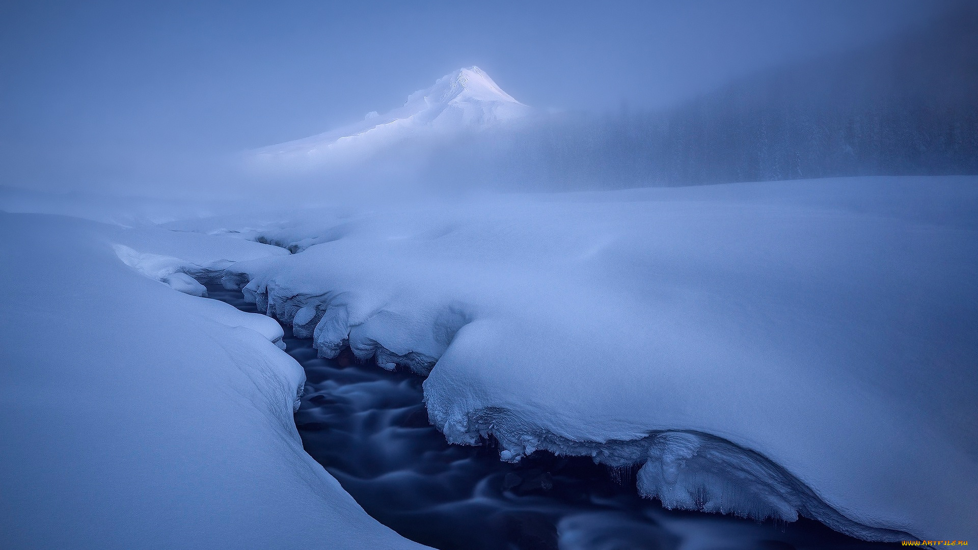 природа, зима, гора, река, снег, лес, дымка, лёд