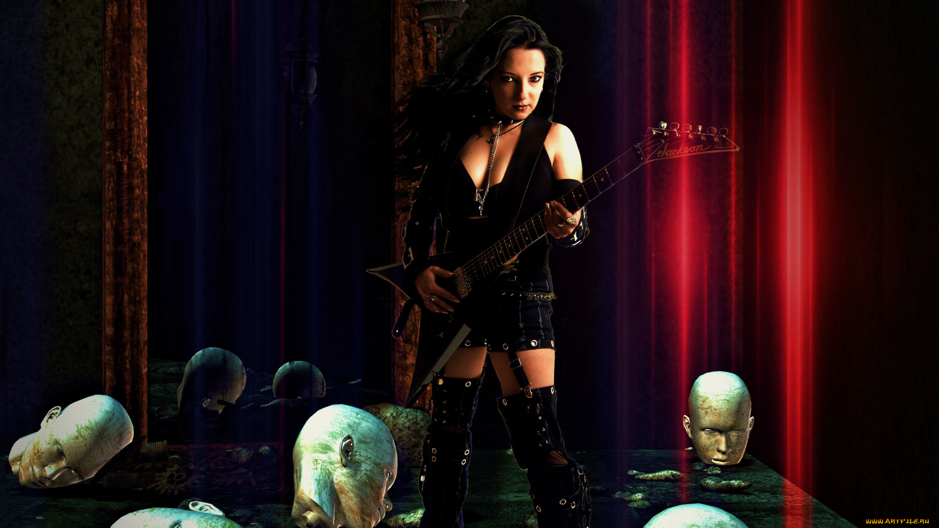 разное, компьютерный, дизайн, череп, фон, гитара, девушка