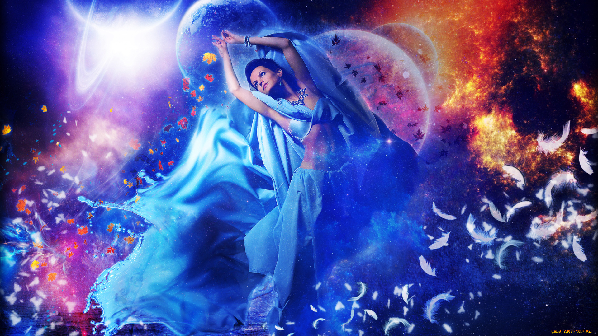 разное, компьютерный, дизайн, танец, фон, планеты, перья, девушка