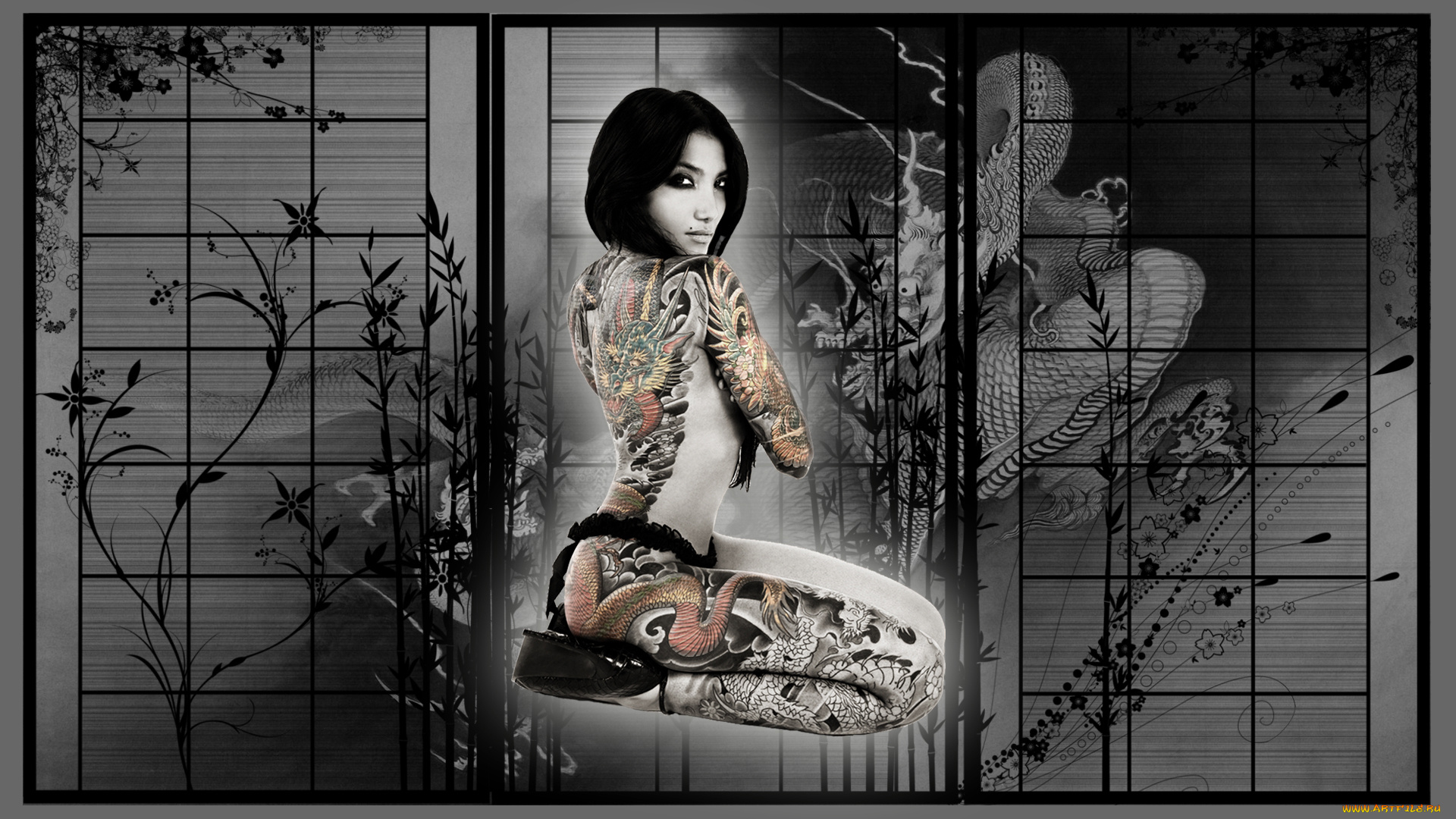 разное, компьютерный, дизайн, тату, взгляд, фон, девушка