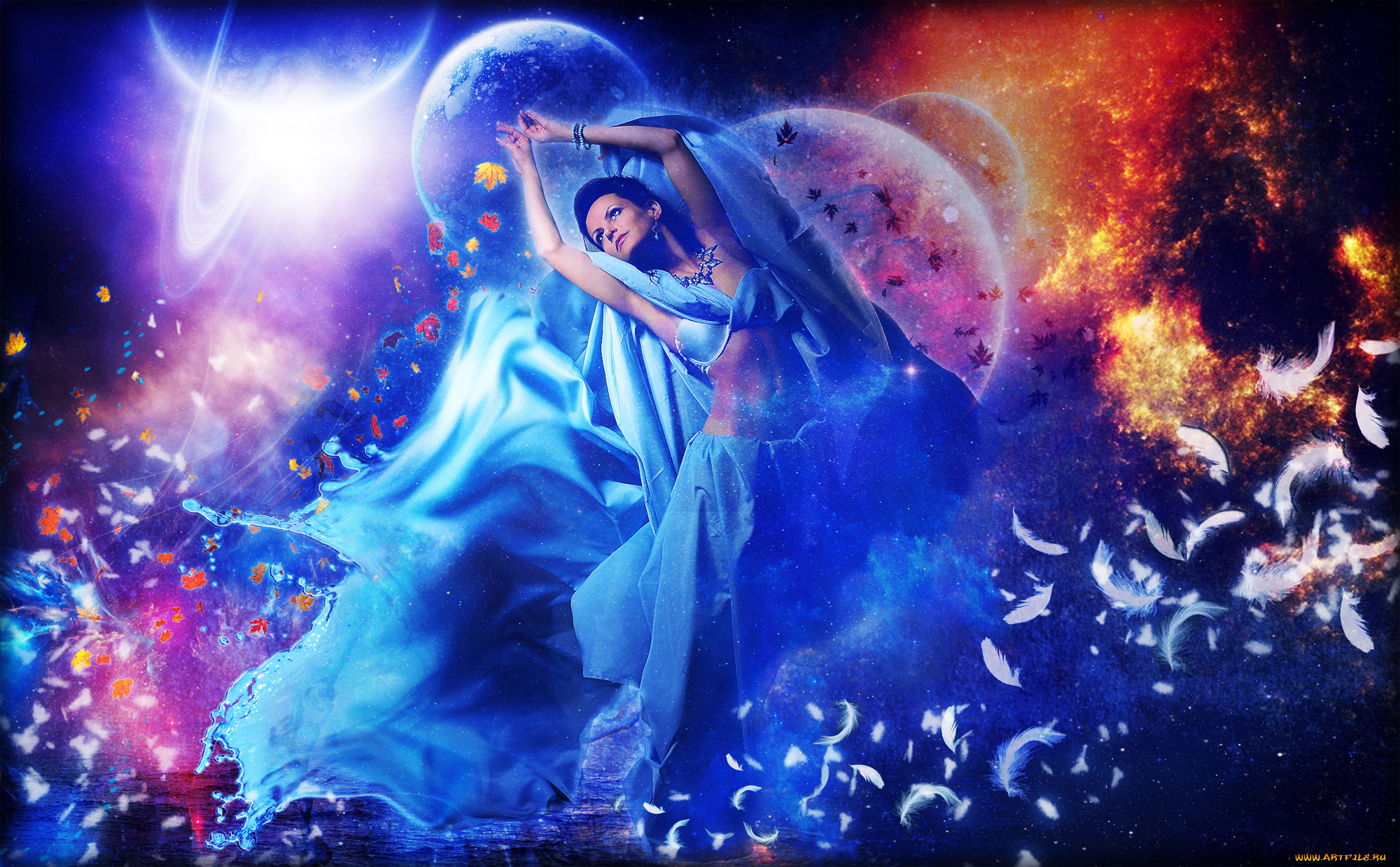 разное, компьютерный, дизайн, танец, фон, планеты, перья, девушка