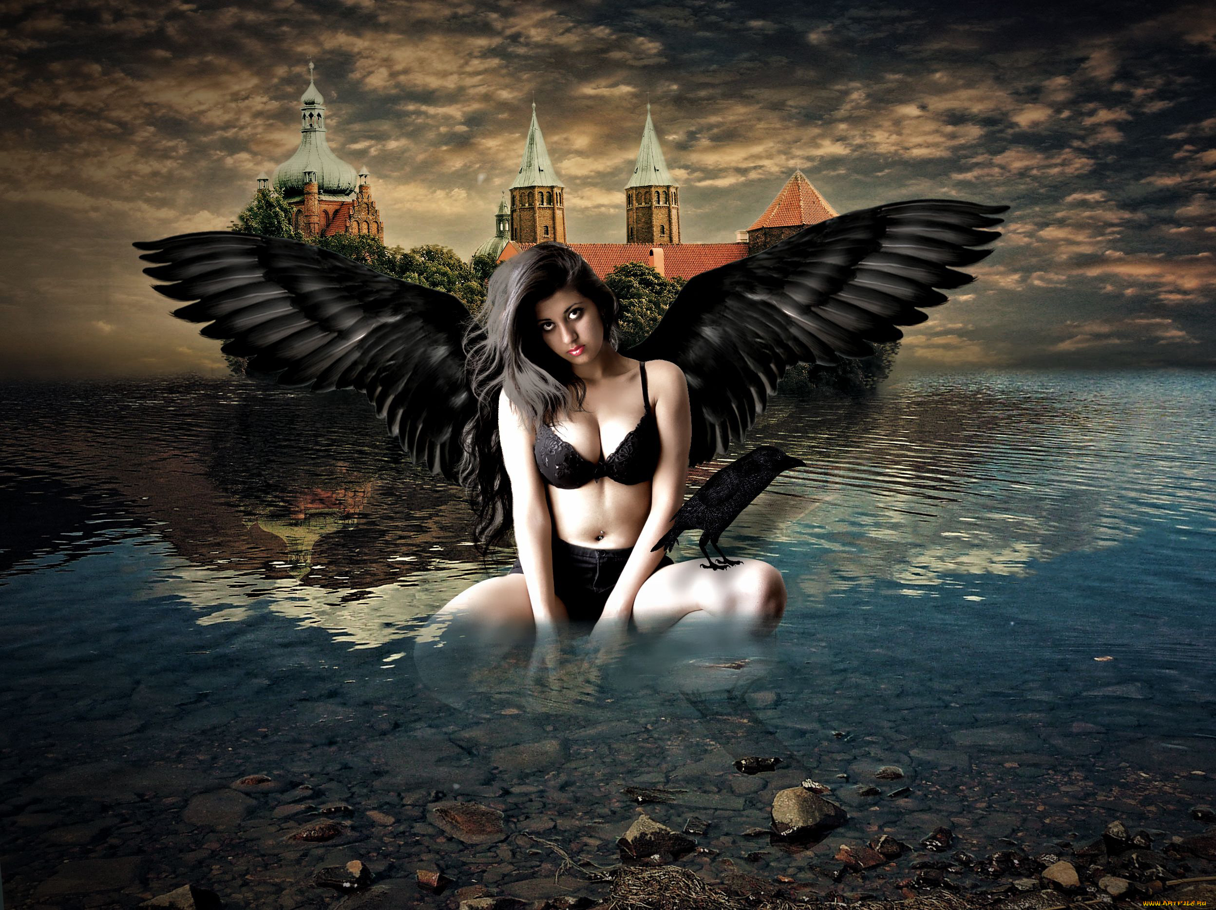 фэнтези, фотоарт, ворон, девушка, крылья, замок, взгляд, вода, фон