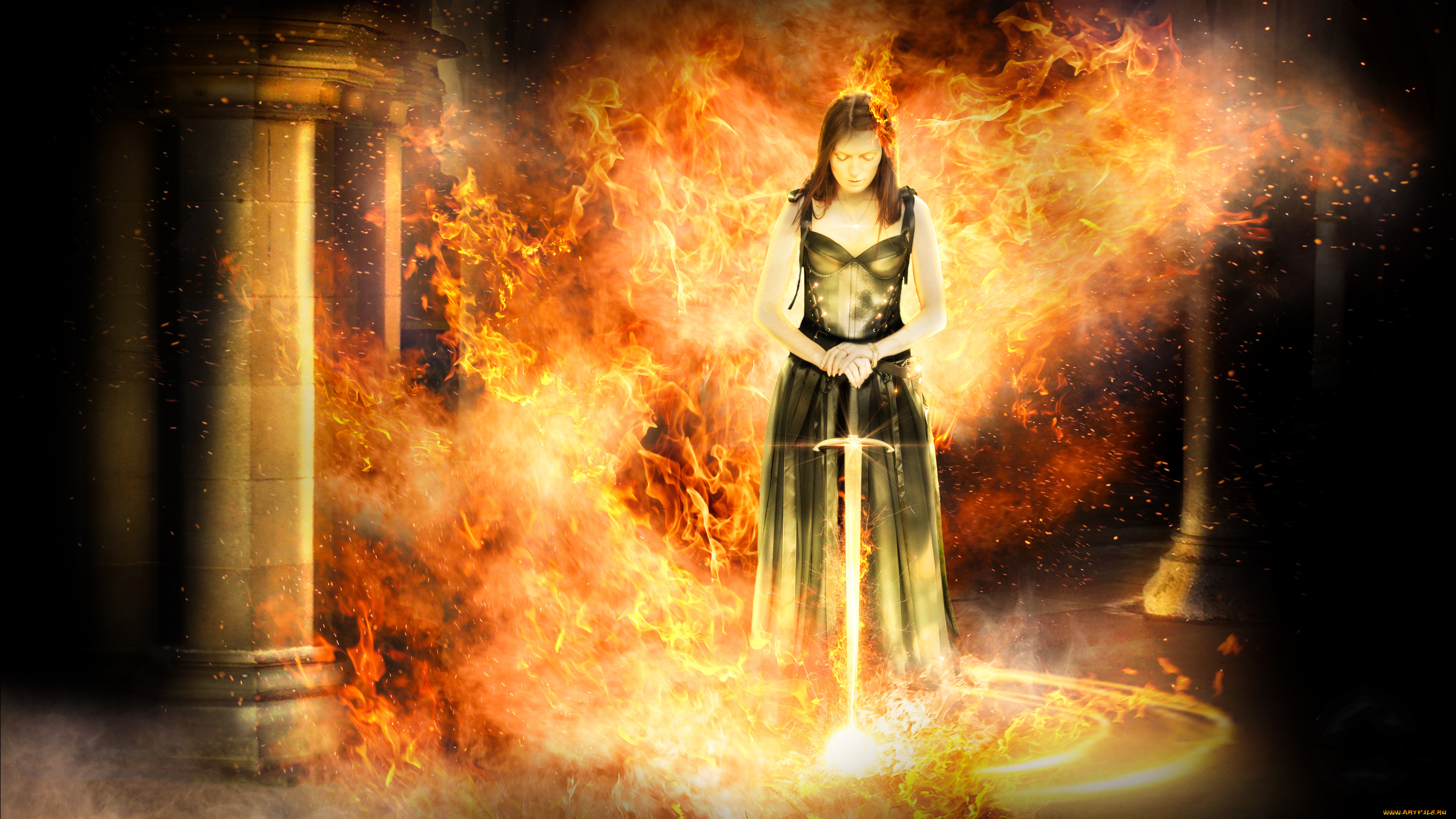 фэнтези, фотоарт, пламя, фон, меч, девушка