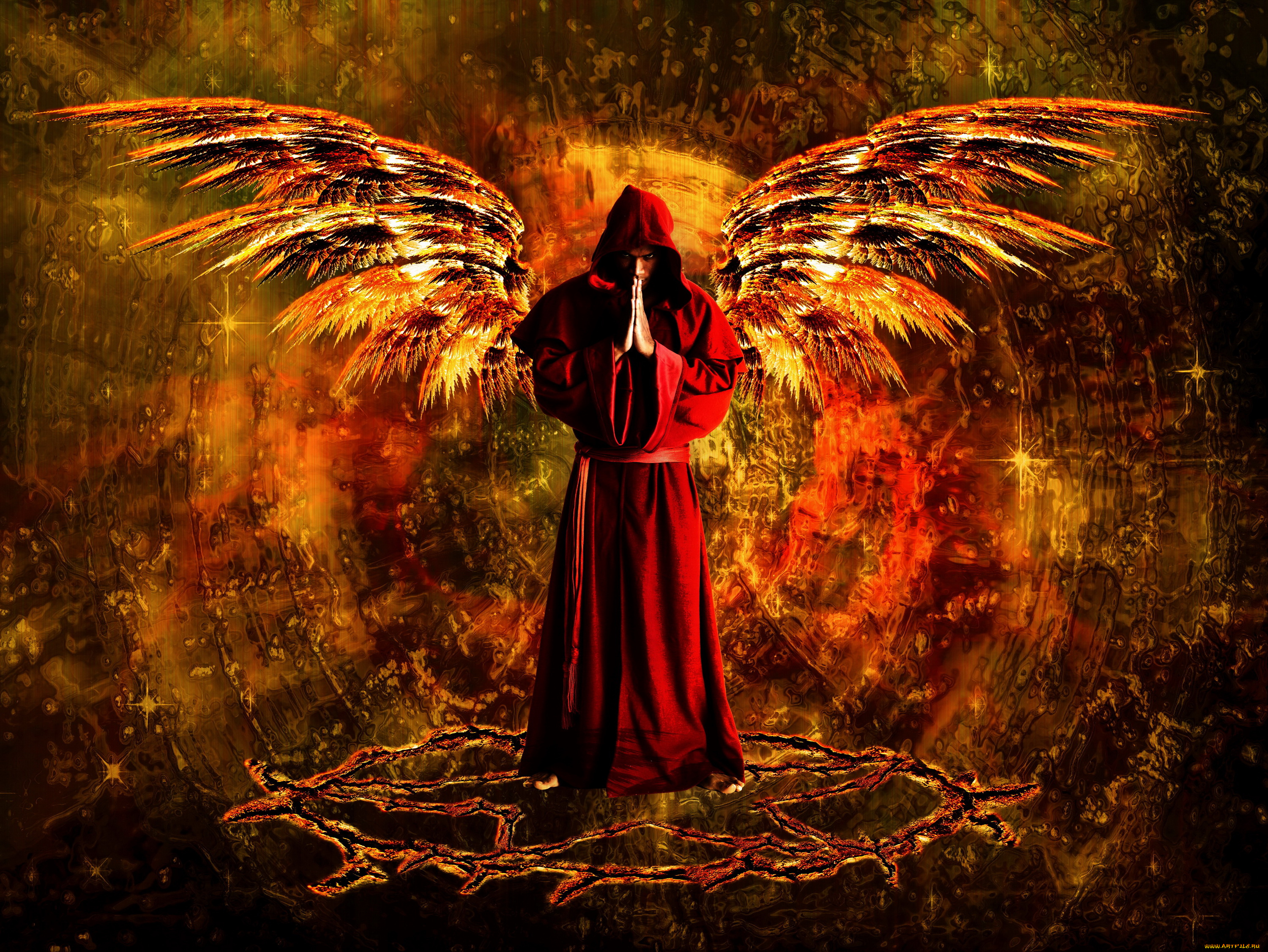 фэнтези, фотоарт, монах, капюшон, крылья, мужчина, фон