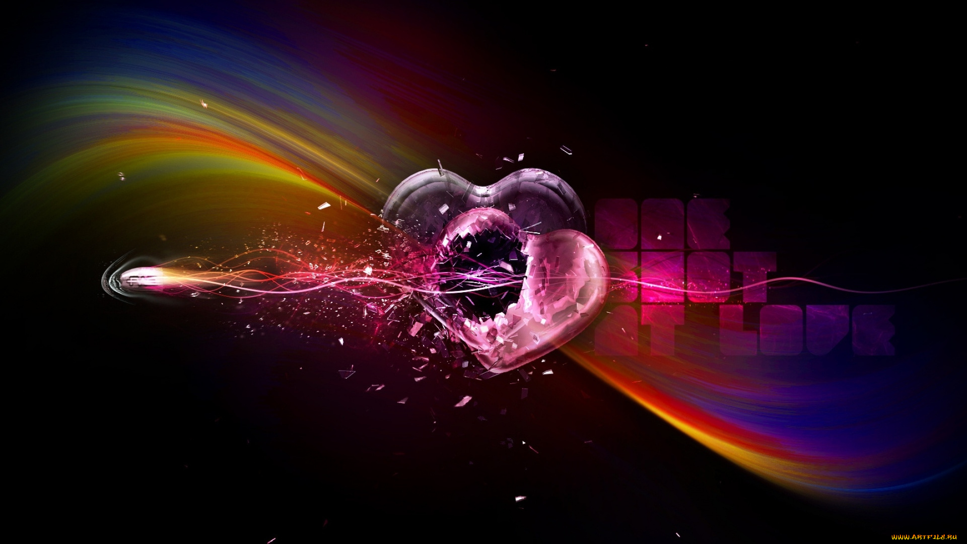 3д, графика, романтика, , romantics, дыра, осколки, сердце, надпись, радуга