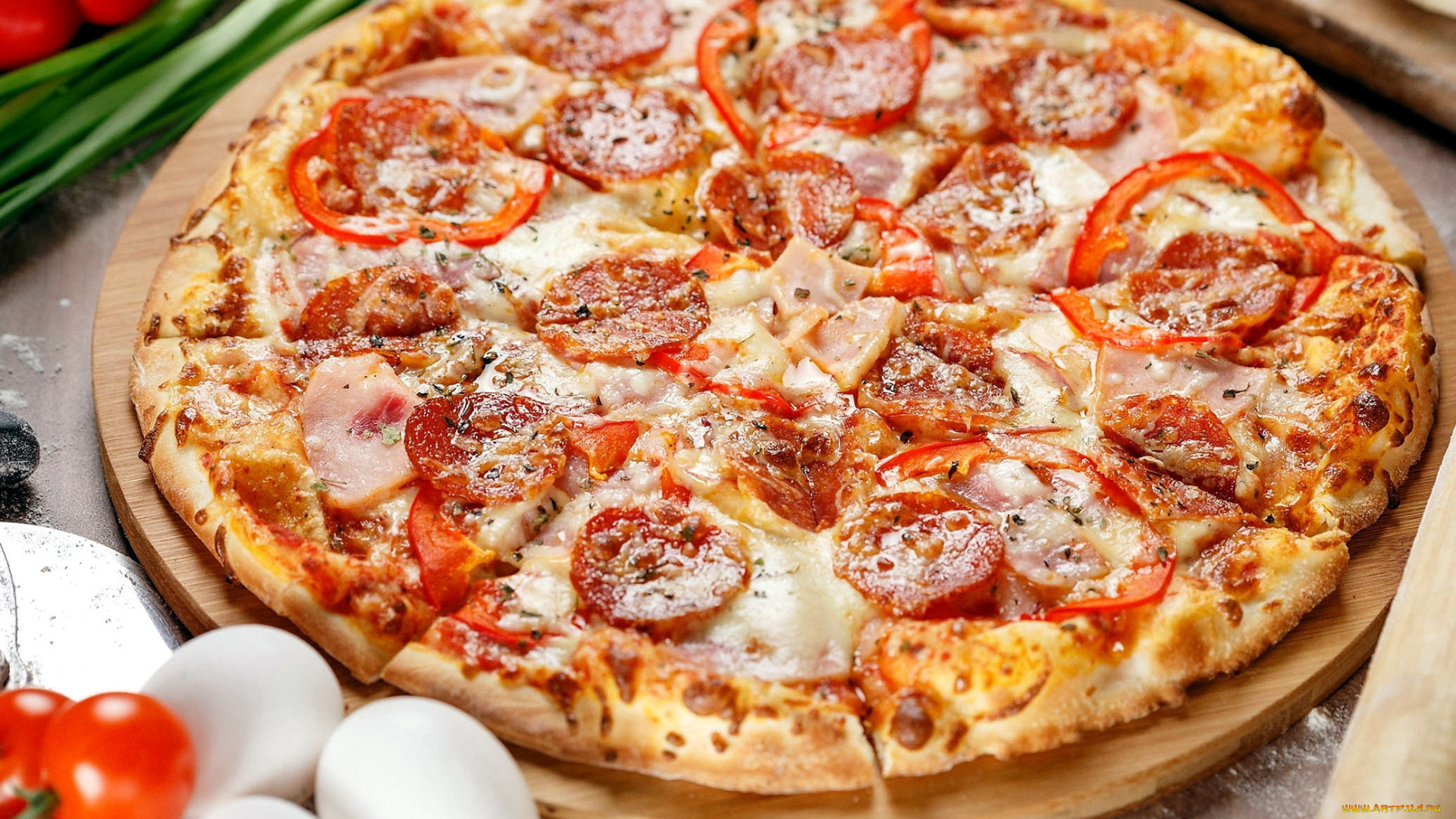 еда, пицца, помидоры, колбаса, сыр, томаты