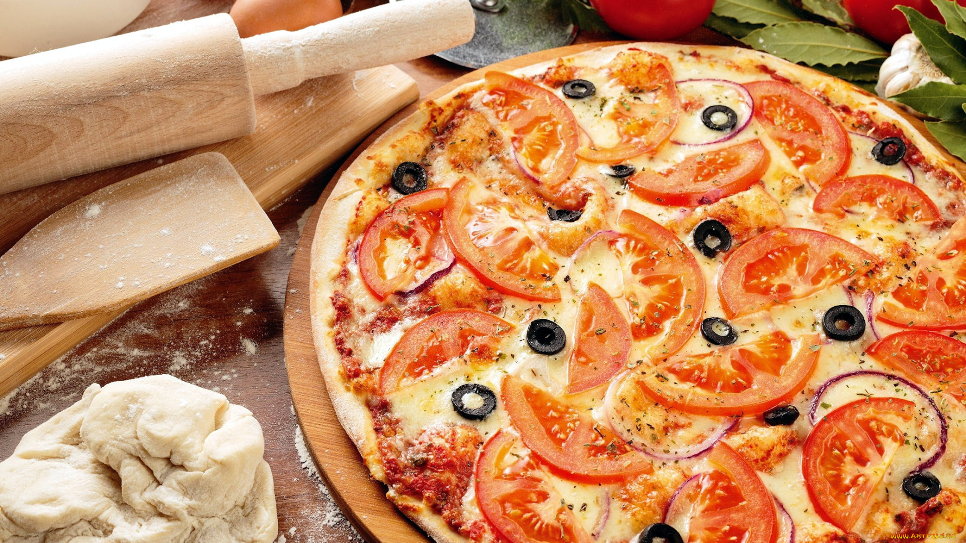 еда, пицца, тесто, помидоры, сыр, маслины, томаты