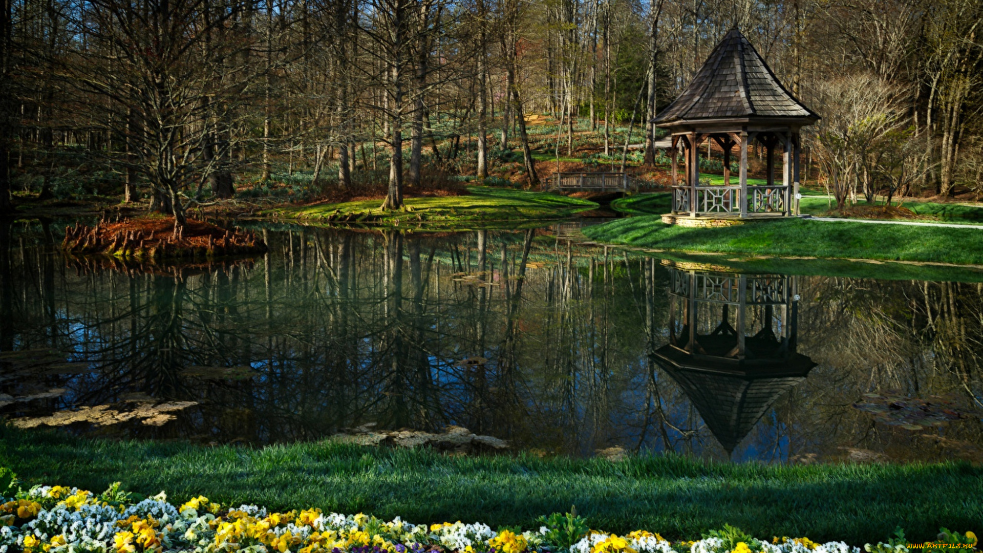 природа, парк, лес, озеро, беседка, водоем