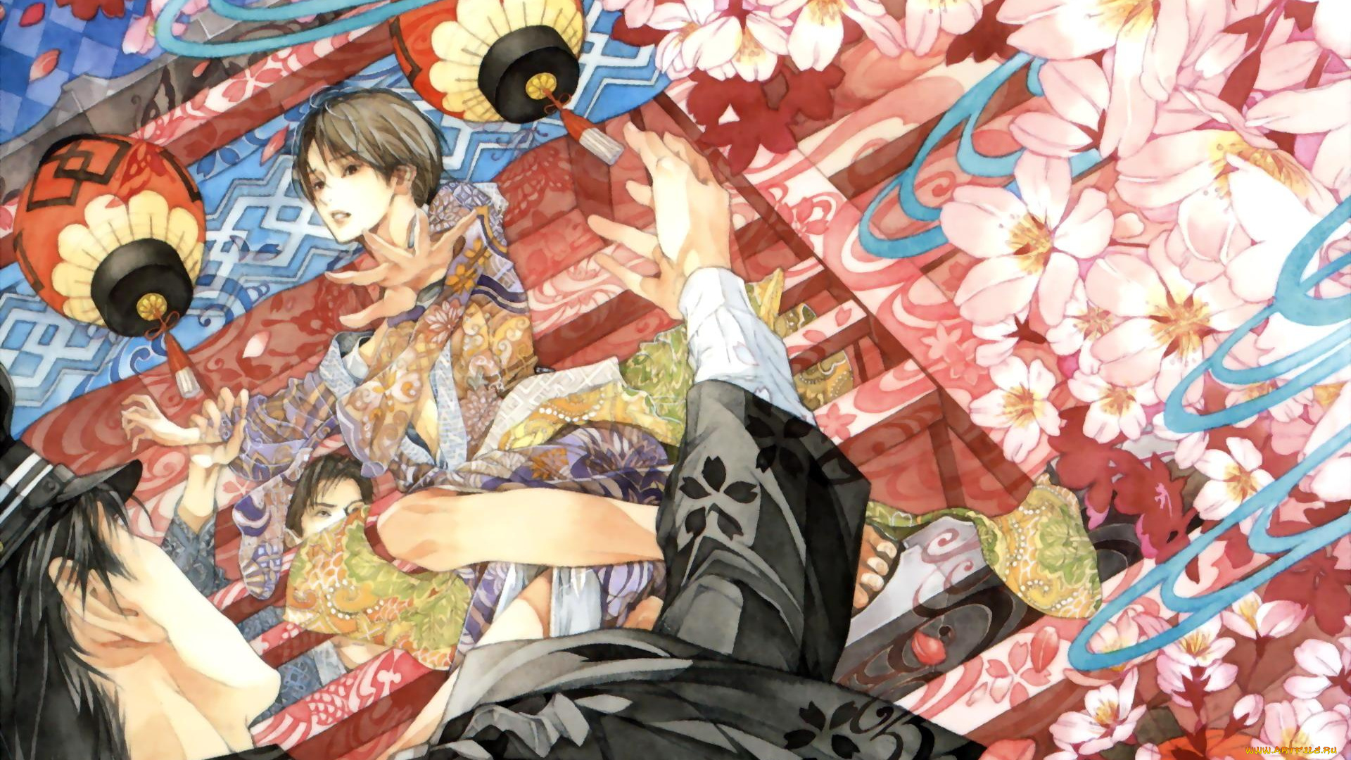 аниме, unknown, , другое, , цветы, фонари, кимоно, парни