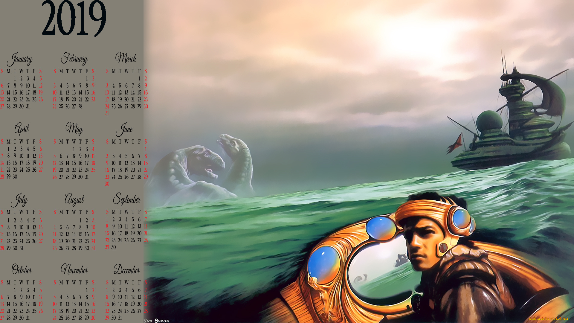 календари, фэнтези, мужчина, динозавр, водоем, корабль