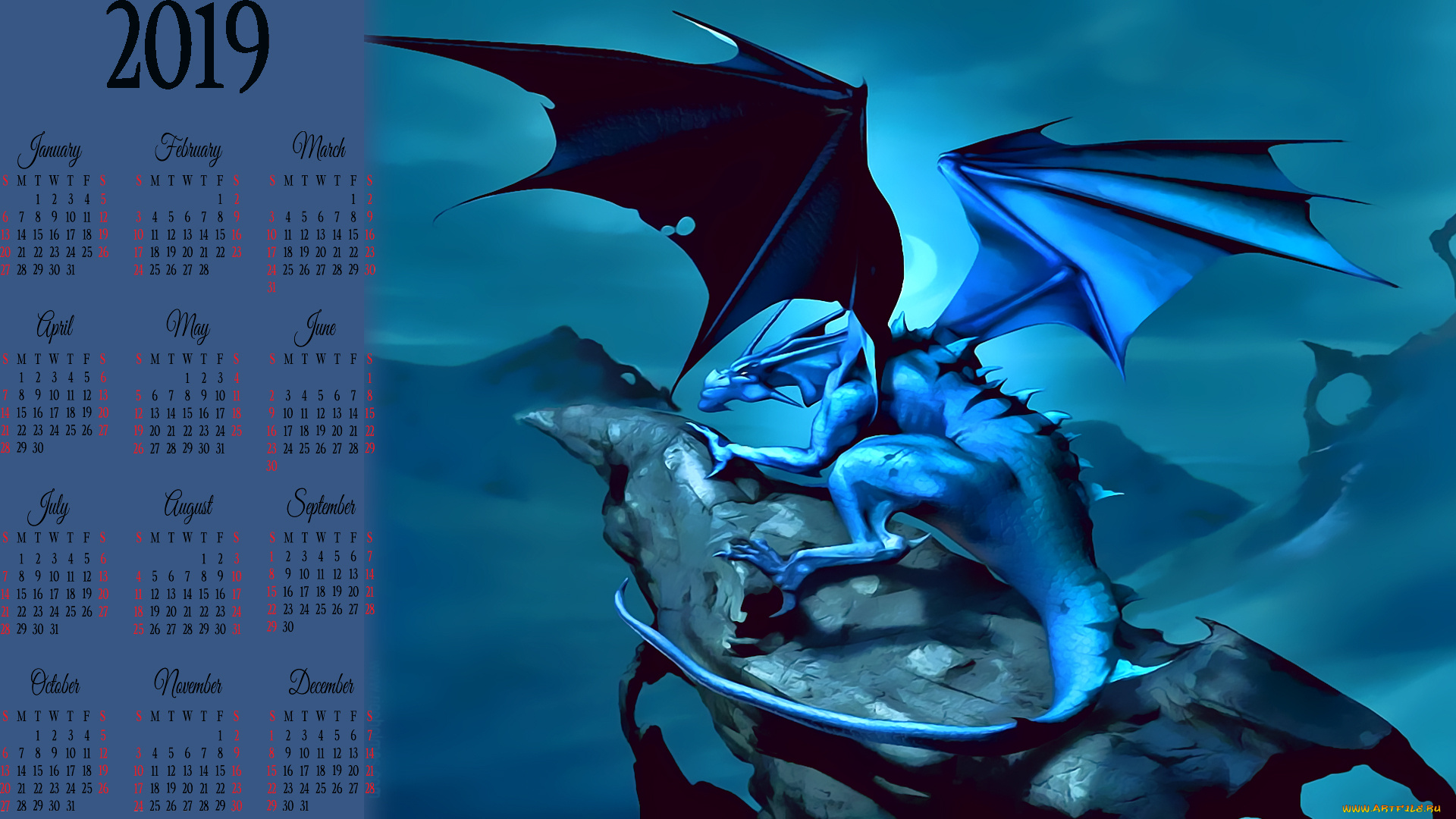 календари, фэнтези, утес, дракон, гора, скала