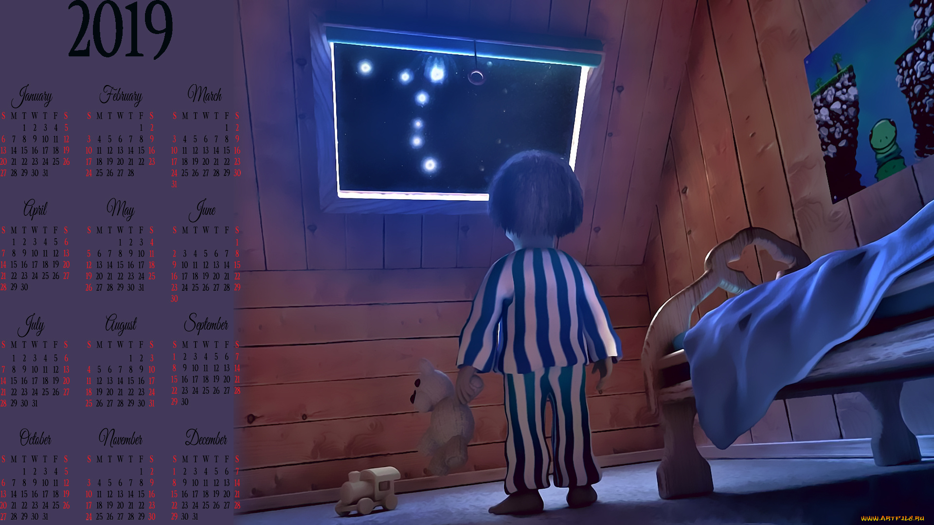 календари, рисованные, , векторная, графика, мишка, звезда, окно, игрушка, кровать, ребенок