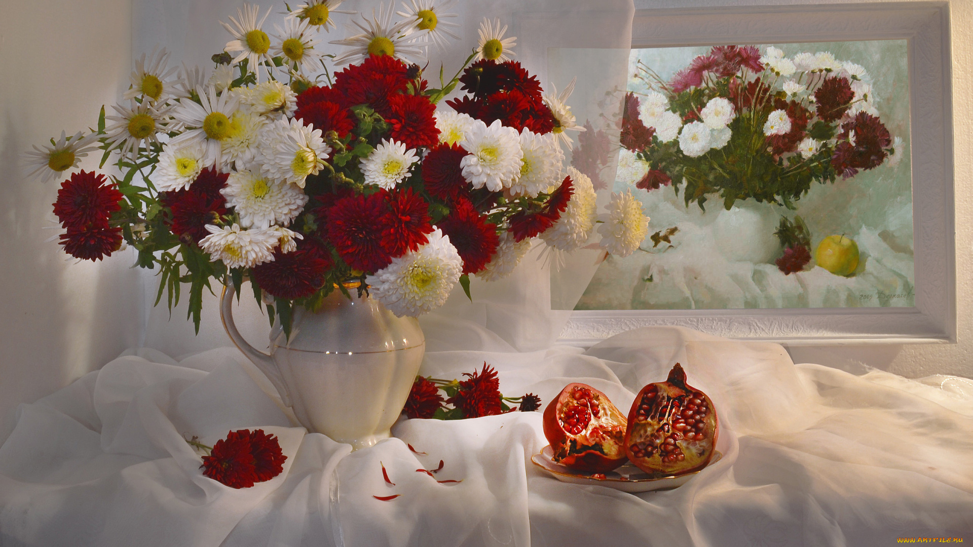 еда, гранат, хризантемы, зерна, букет