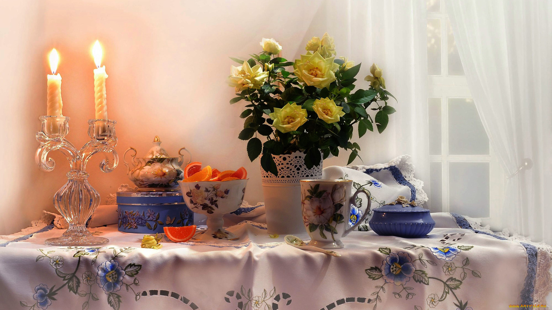 еда, натюрморт, свечи, розы, мармелад