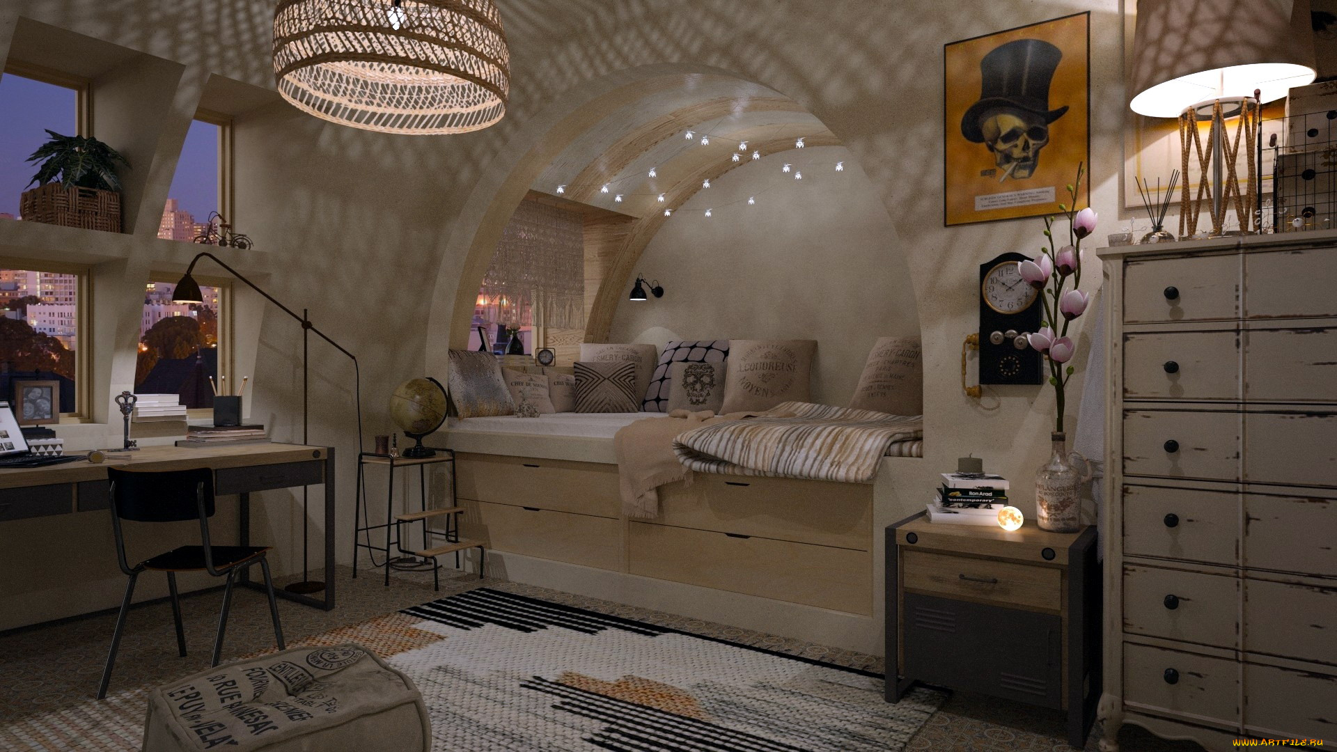 интерьер, спальня, кровать, часы, письменный, стол