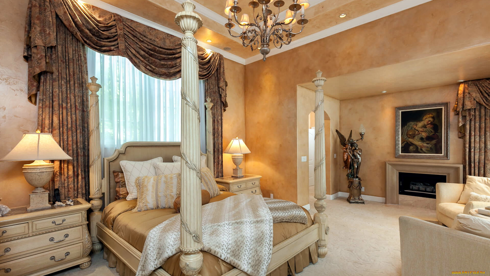 интерьер, спальня, кровать, люстра