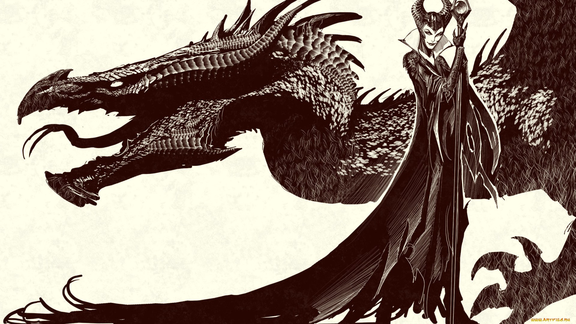 рисованное, кино, , мультфильмы, девушка, фон, взгляд, дракон, рога, посох