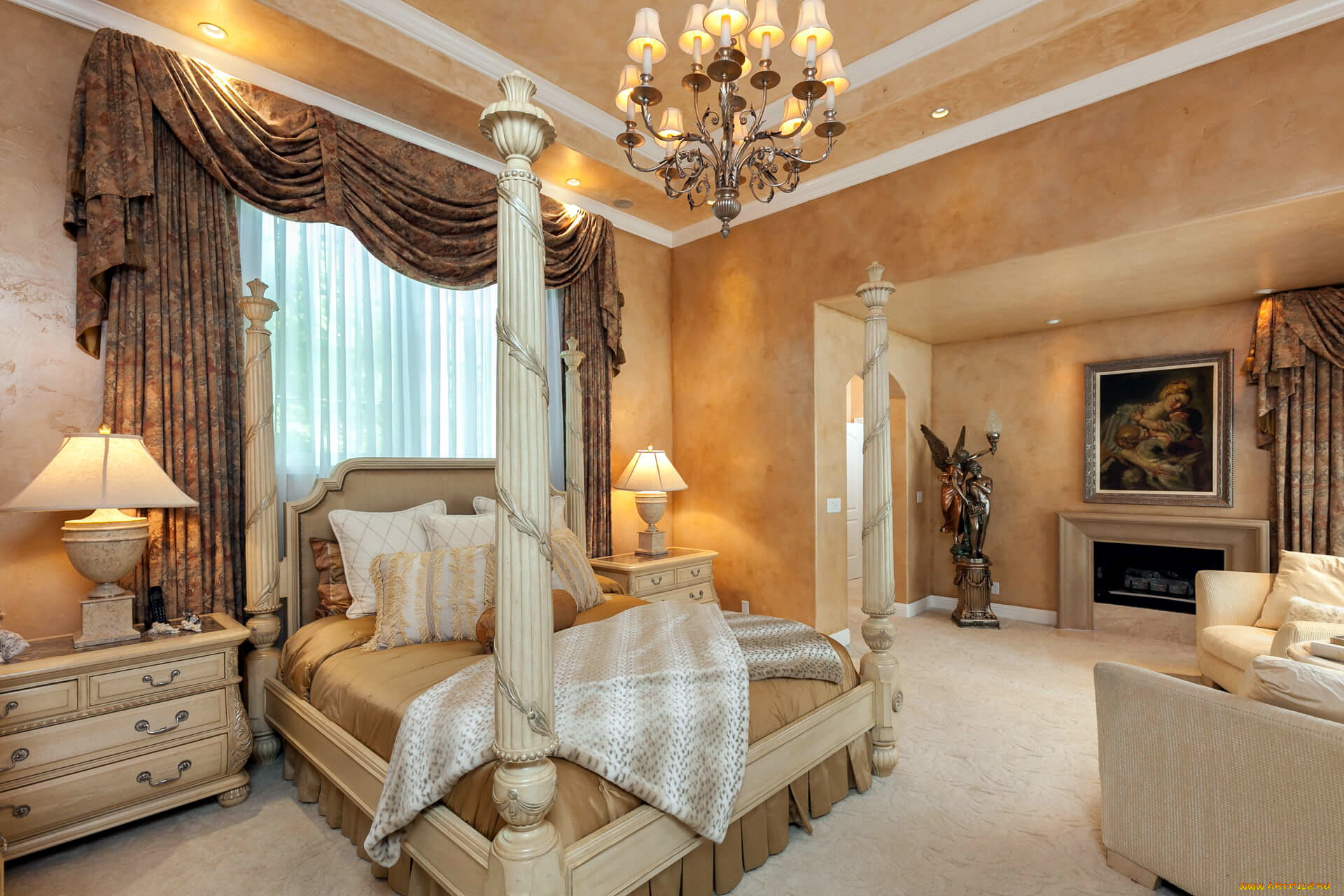 интерьер, спальня, кровать, люстра