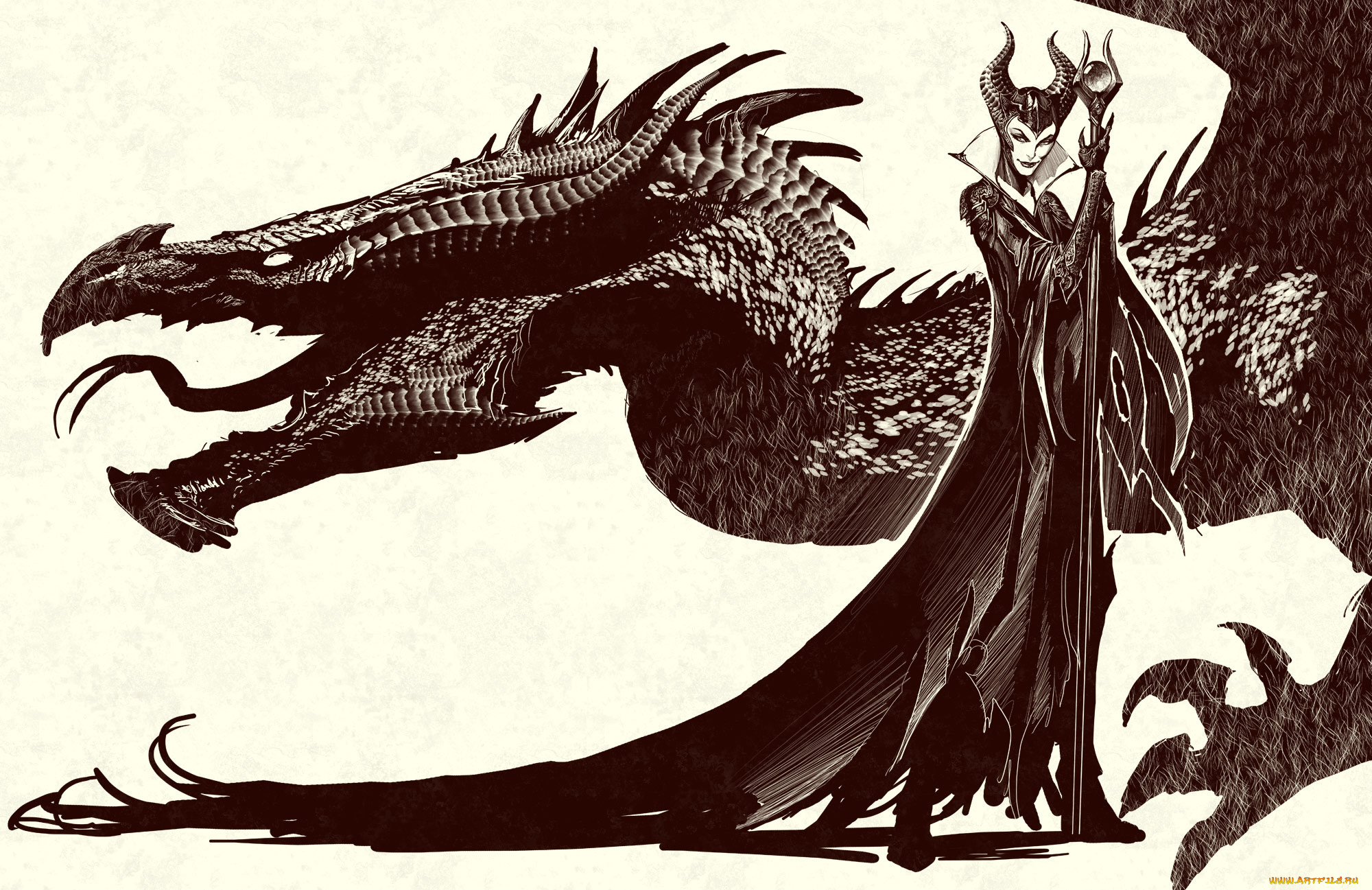 рисованное, кино, , мультфильмы, девушка, фон, взгляд, дракон, рога, посох