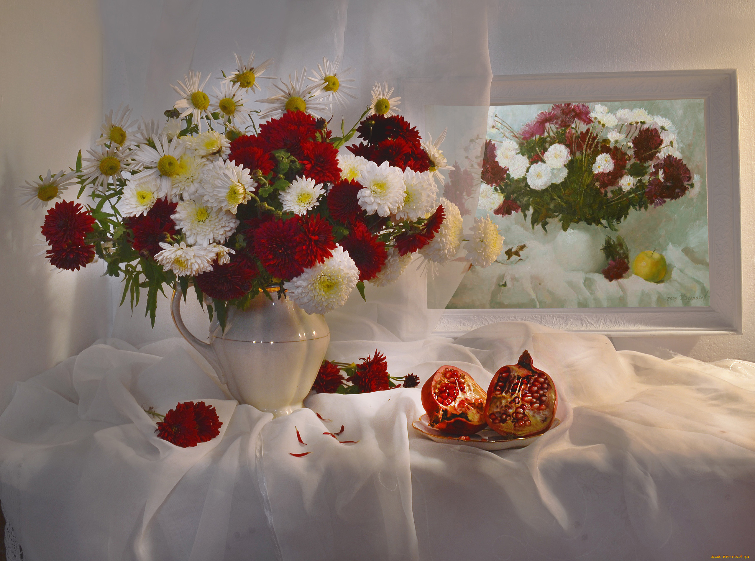 еда, гранат, хризантемы, зерна, букет