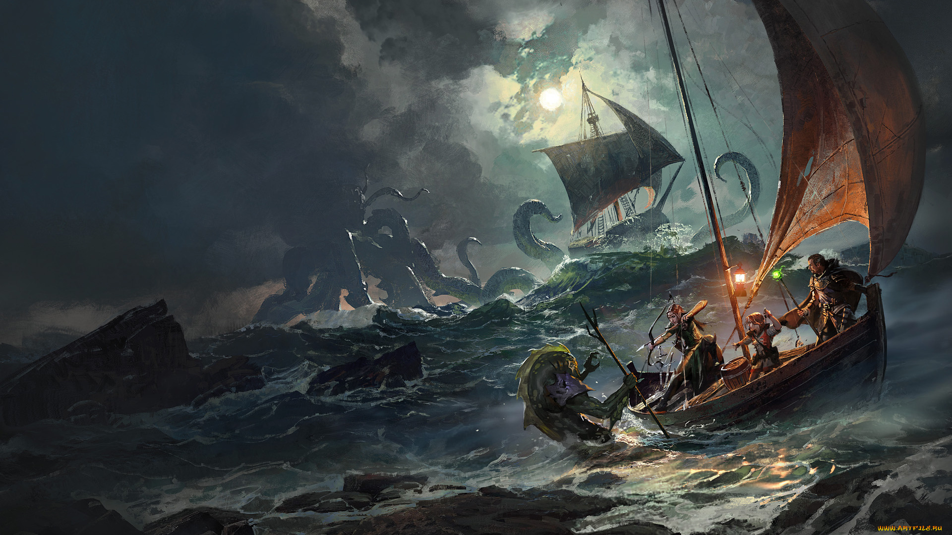 фэнтези, иные, миры, , иные, времена, шлюп, корабль, фон, море, шторм, битва