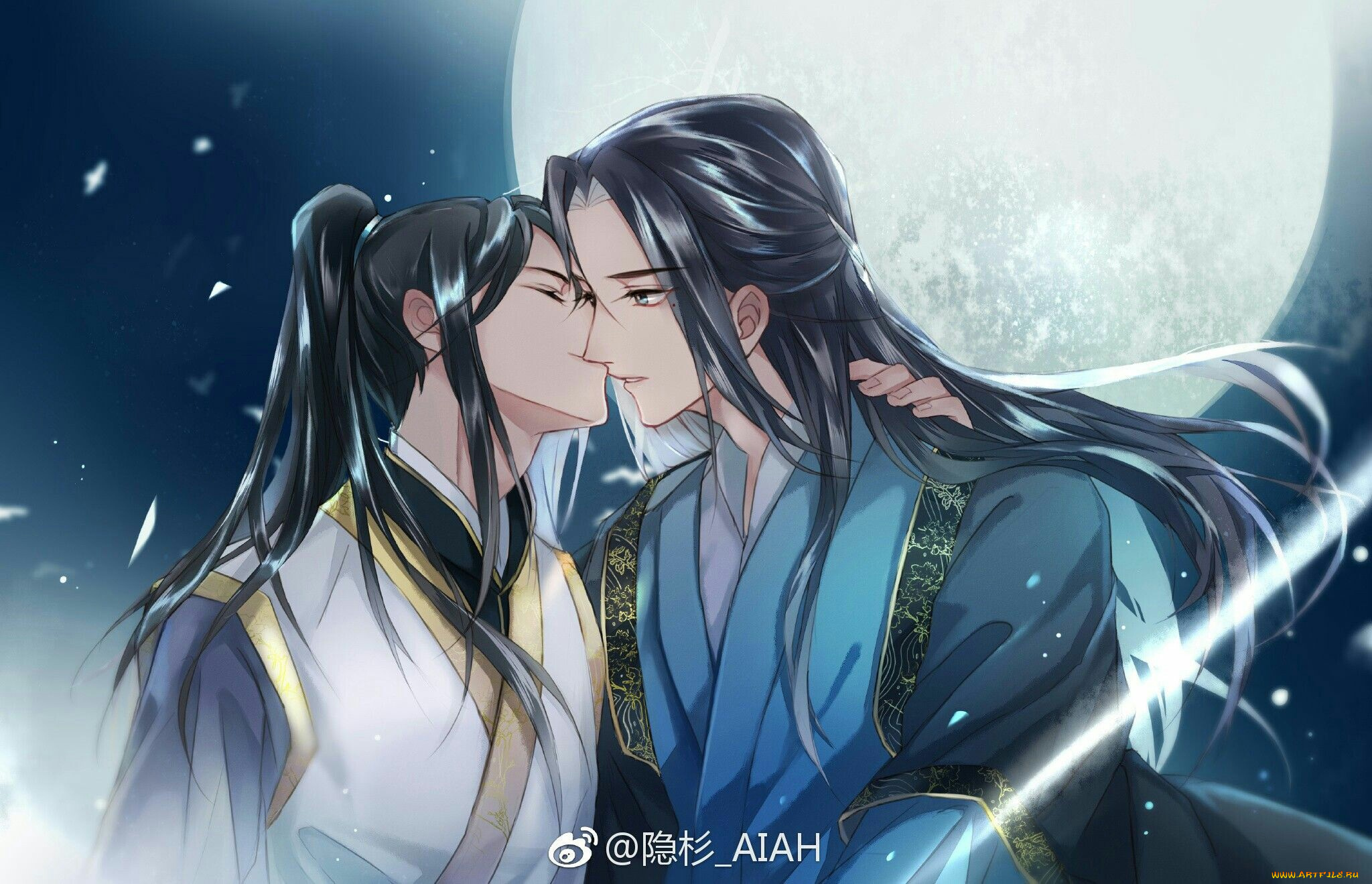 аниме, unknown, , другое, , парни, поцелуй, луна