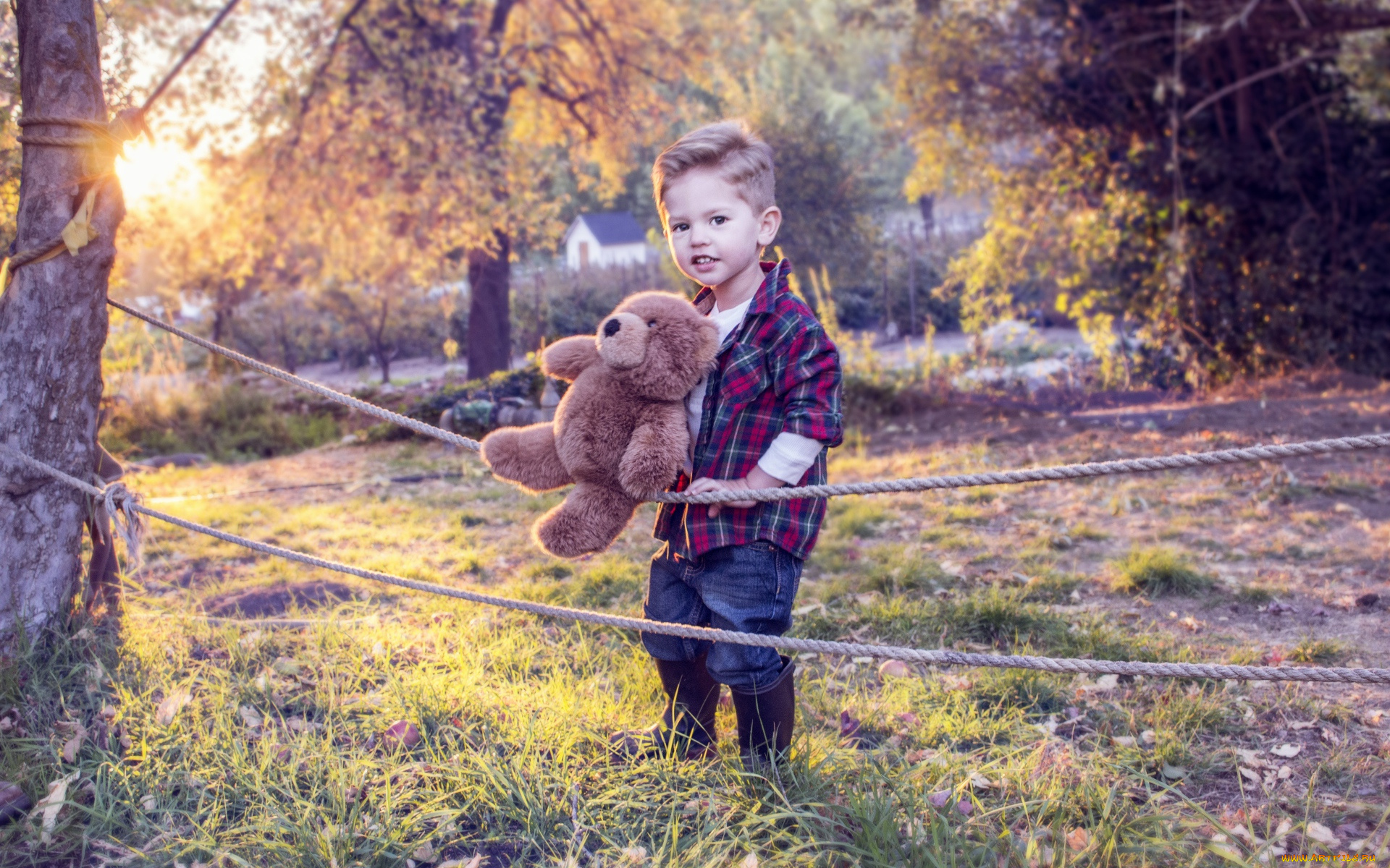 разное, дети, мальчик, мишка, веревки, осень