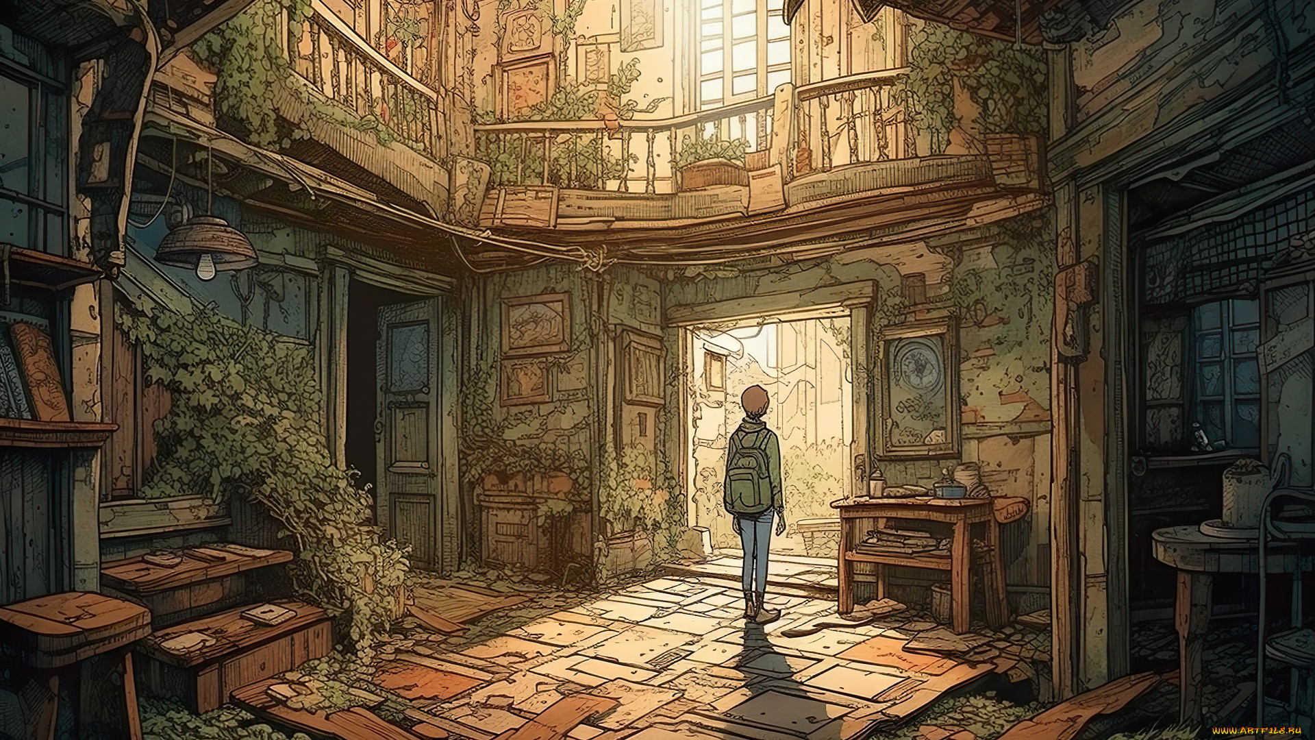 аниме, город, , улицы, , интерьер, , здания, старый, заросший, дом