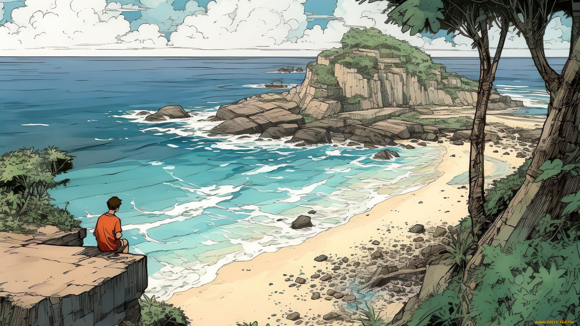 аниме, пейзажи, , природа, побережье