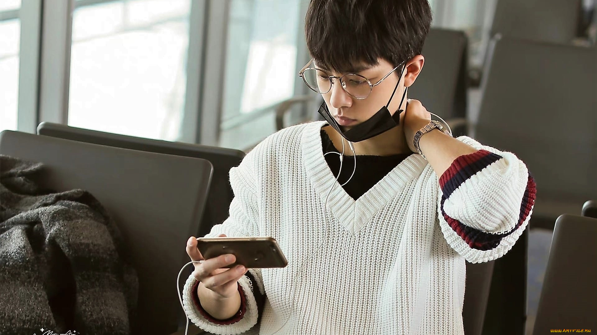 мужчины, xiao, zhan, актер, очки, маска, свитер, телефон, аэропорт