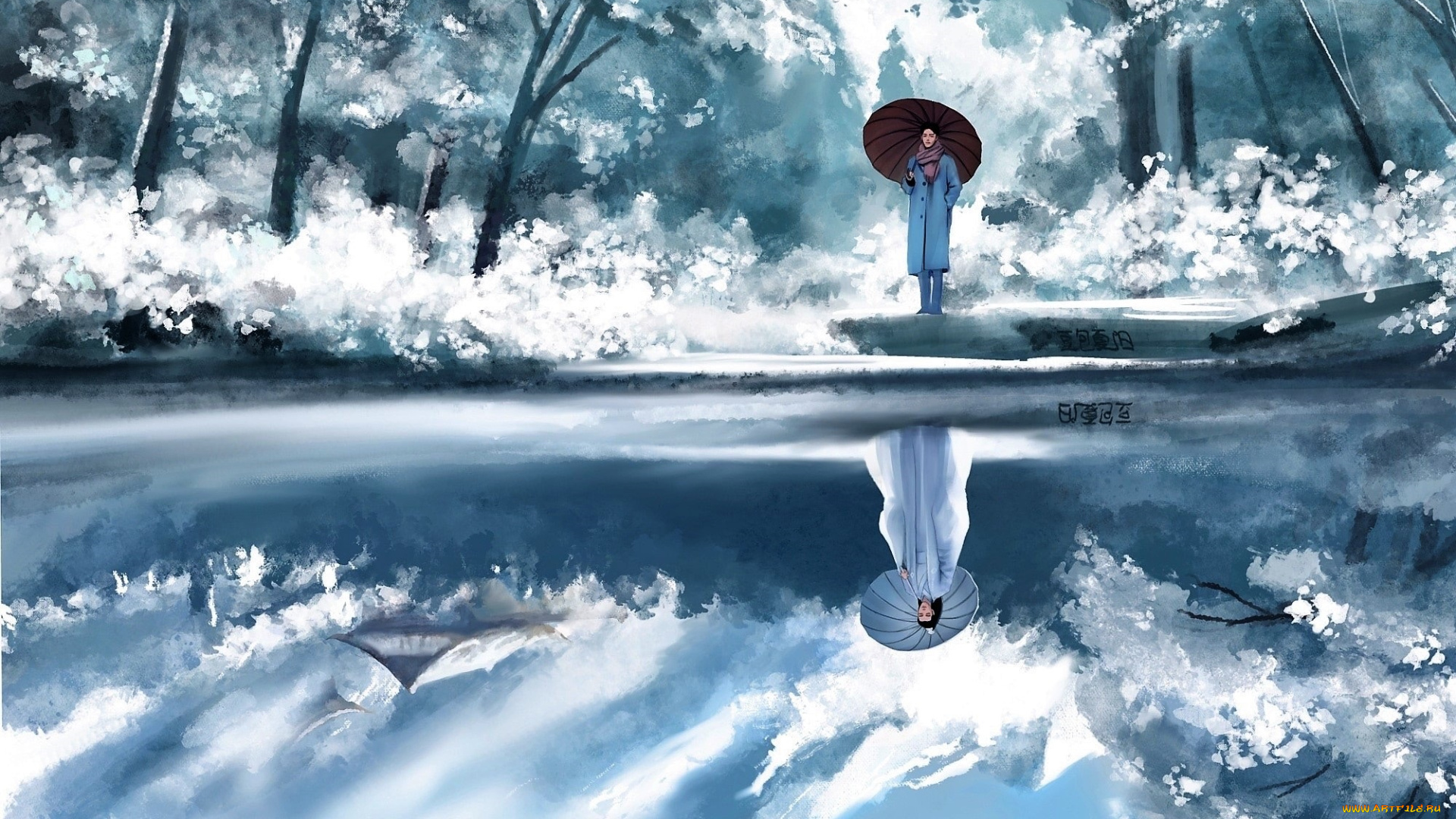 рисованное, люди, сяо, чжань, зонт, озеро, отражение, лань, ванцзи