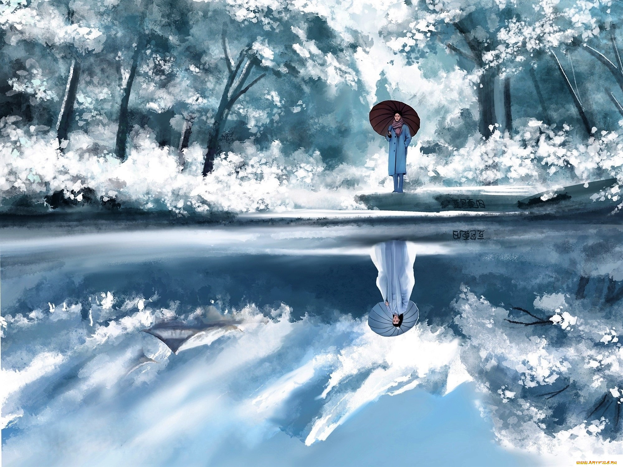 рисованное, люди, сяо, чжань, зонт, озеро, отражение, лань, ванцзи