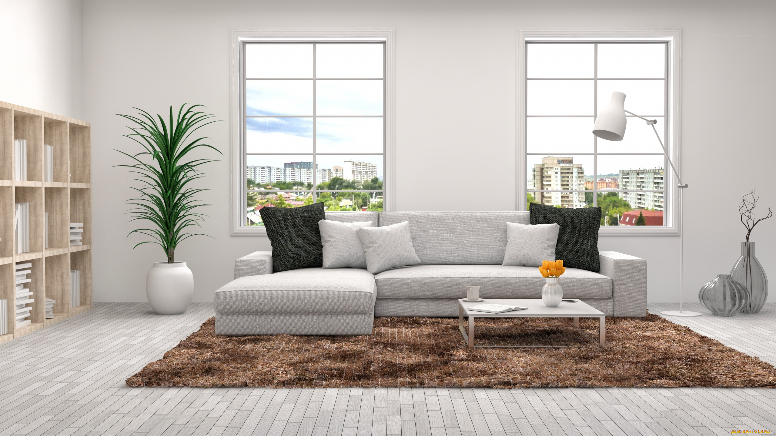 интерьер, гостиная, полки, мягкий, уголок, подушки