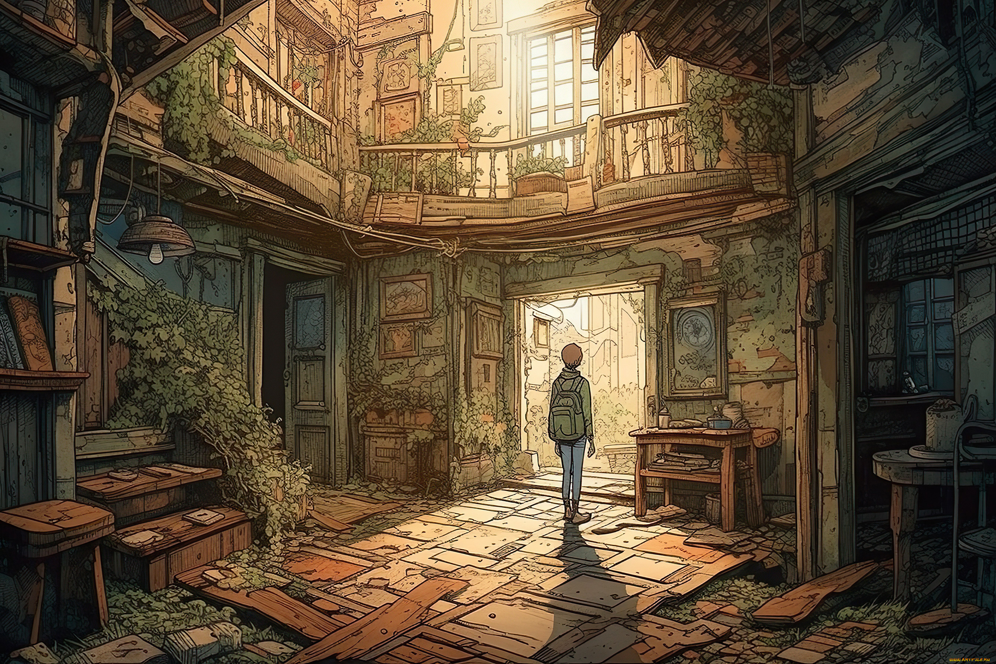 аниме, город, , улицы, , интерьер, , здания, старый, заросший, дом